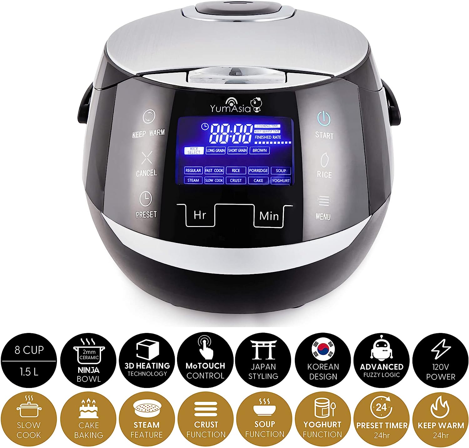 Yum Asia Sakura Rice Cooker with Ceramic Bowl and Advanced Fuzzy Logic (8 Cup. 1.5 Litre) 6 Rice Cook Functions. 6 Multicook Functions. Motouch LED Display. 120V Power (Black and Silver)