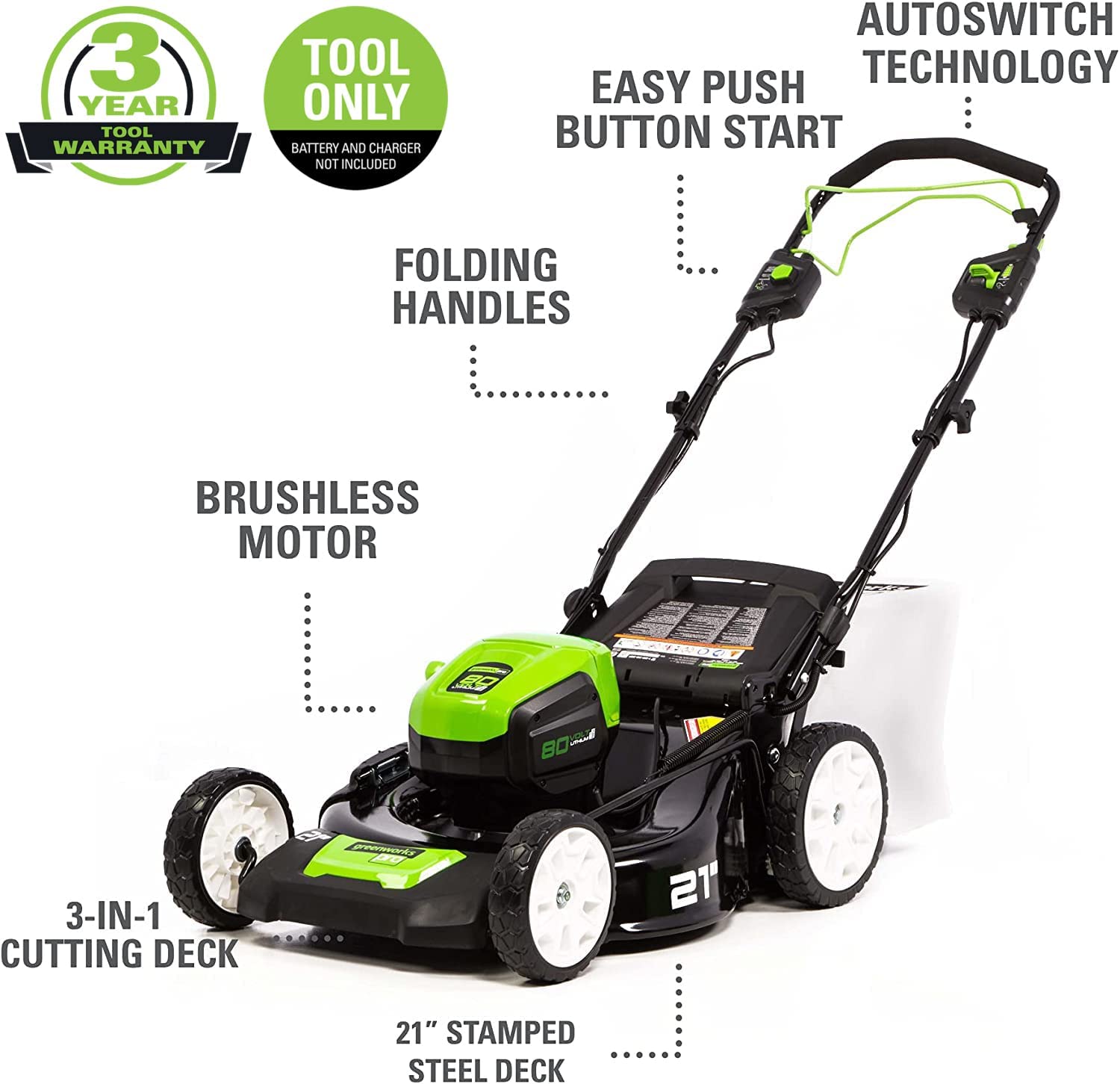 Greenworks Pro 21-Inch 80V Self-Propelled Cordless Lawn Mower. Tool-Only. MO80L00