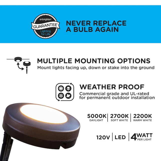 Enbrighten 41017 12-Pack 1800-Lumen 50-Watt Bronze Line Voltage Plug Integrated. Seasons LED Landscape Lights (110ft.). Selectable White & Color Changing. Wireless Remote. Outdoor. Commercial Grade. Weatherproof. Spotlight. Garden. Path Light