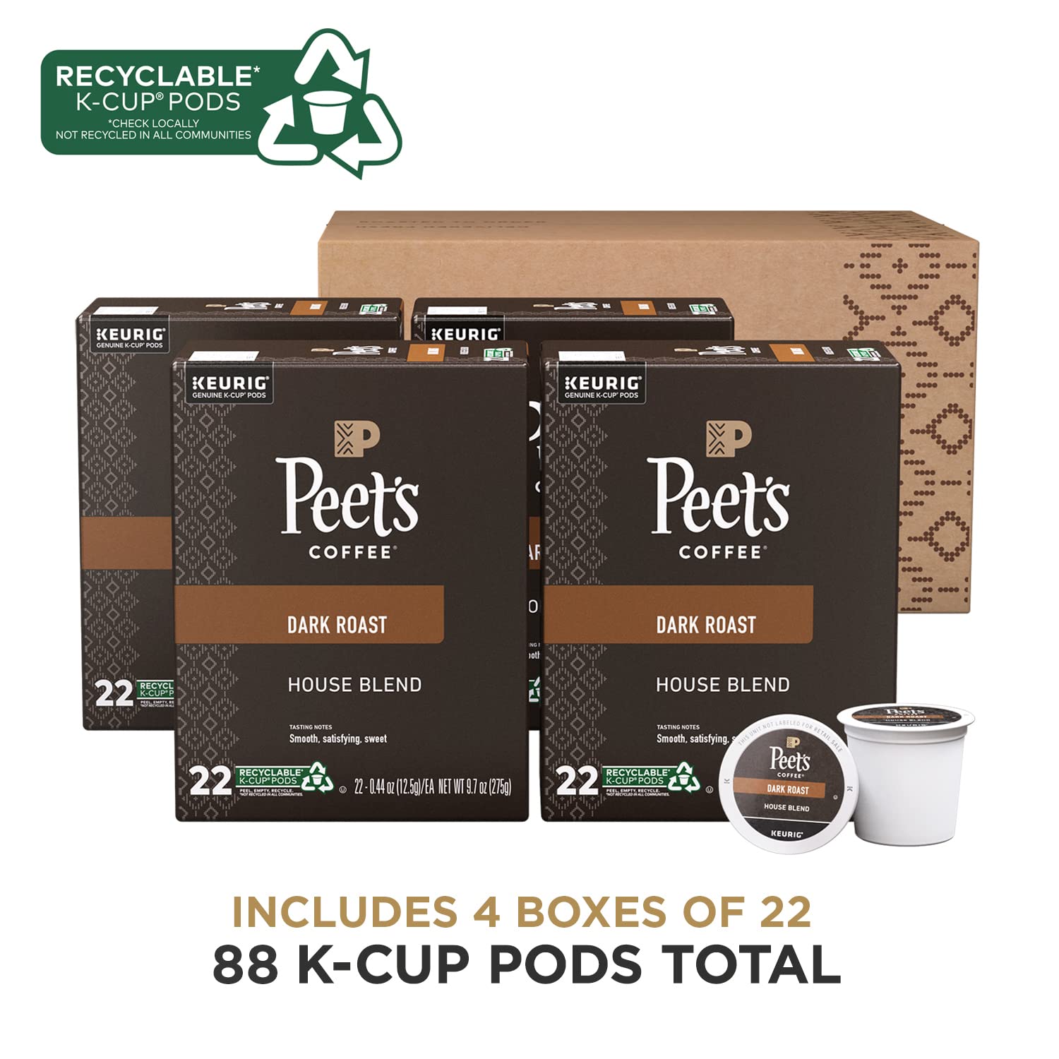 Peet-s Coffee. Dark Roast K-Cup Pods for Keurig Brewers - House Blend 88 Count (4 Boxes of 22 K-Cup Pods)