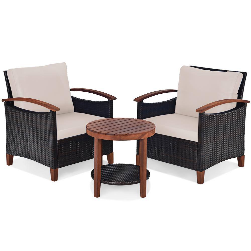 Costway  3-Piece Wicker Round Outdoor Bistro Set with Beige Cushions