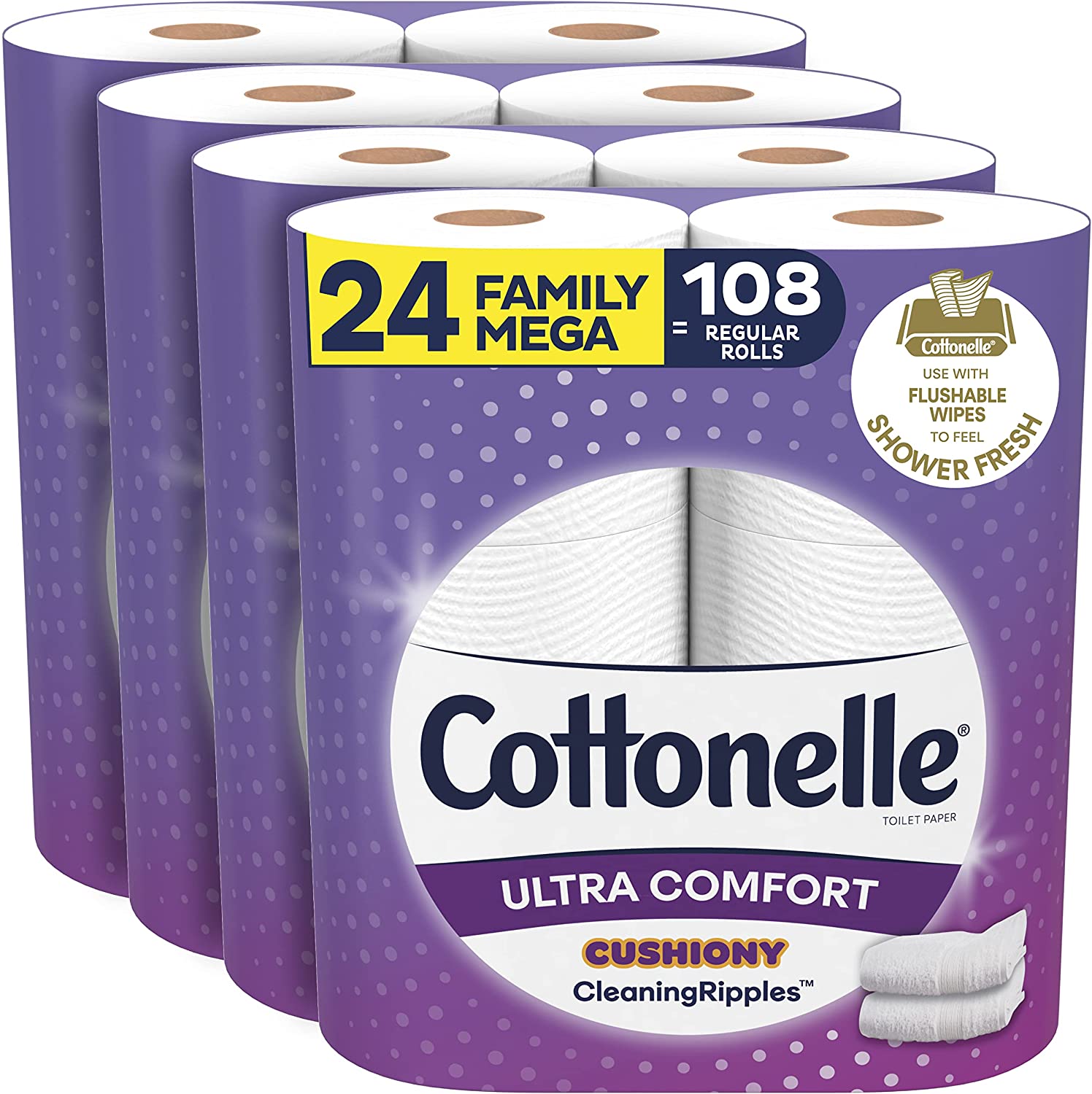 Cottonelle Ultra Comfort Toilet Paper with Cushiony CleaningRipples Texture. 24 Family Mega Rolls (24 Family Mega Rolls = 108 regular rolls) (4 Packs of 6 Rolls) 325 Sheets per Roll