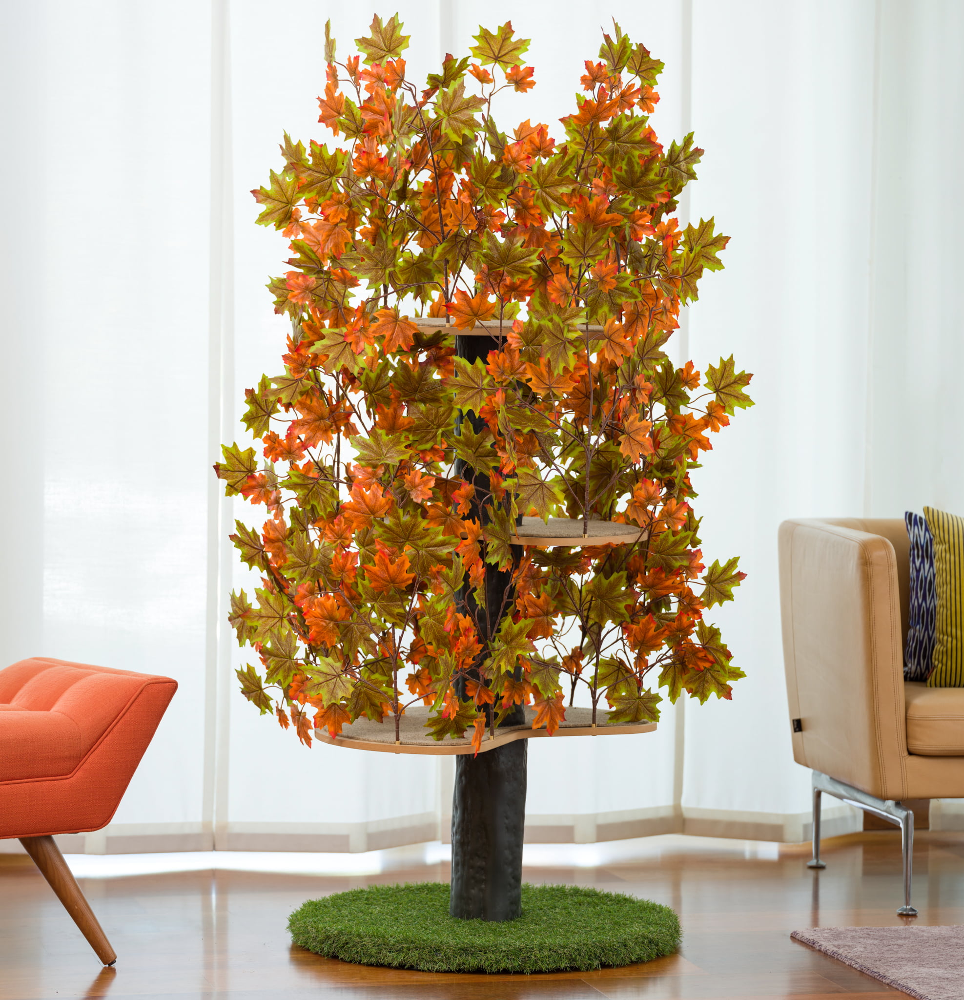 On2Pets Cat Tree with Leaves. Cat House & Cat Activity Tree. Multi-Level Cat Condo for Indoor Cats. Round Base. Mixed Maple