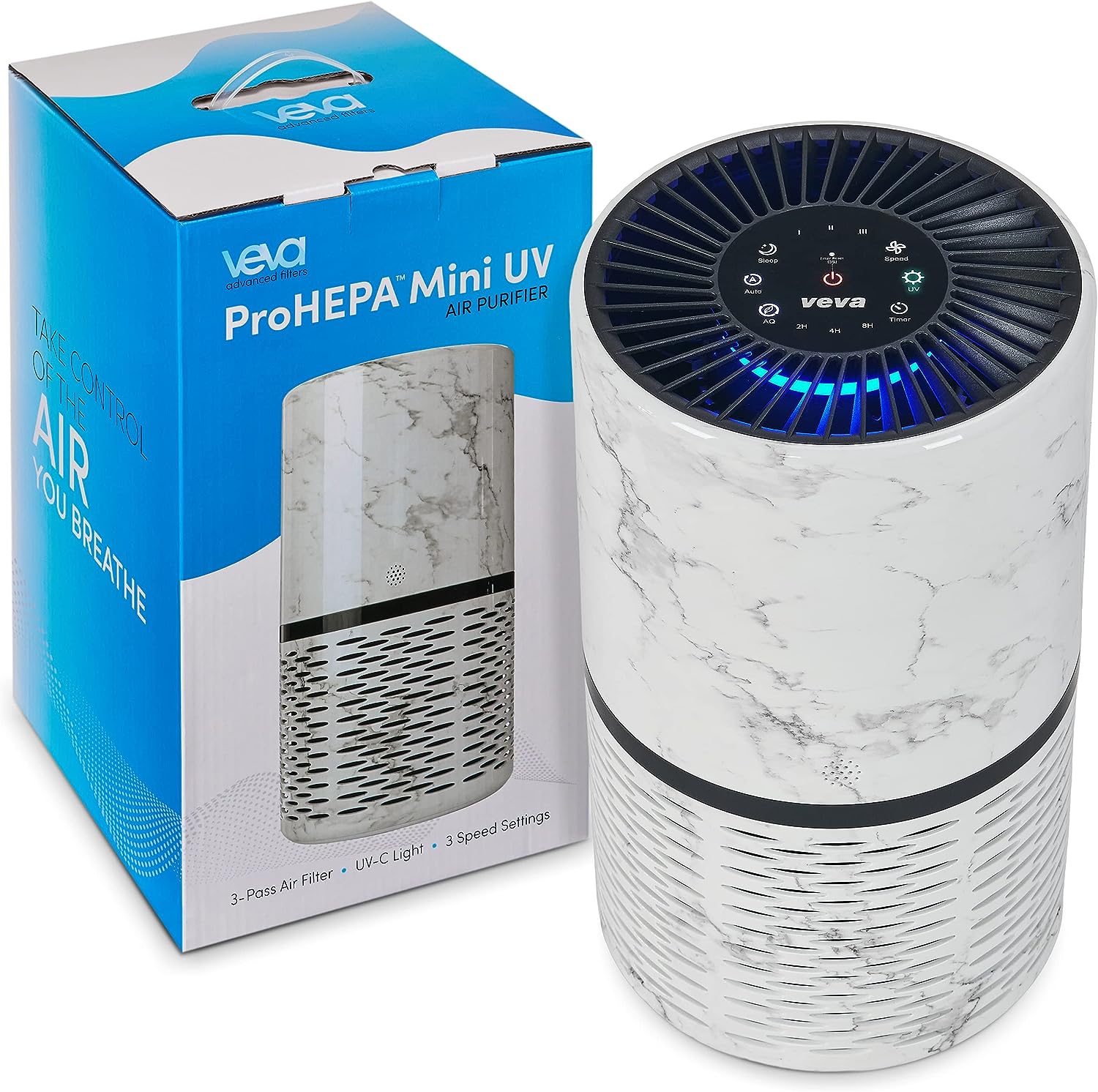 Veva White Circular Air Purifier. Compact and Modern with UV-C Light. HEPA Filter. 3 Speed Settings. Soft Light. 220 sqft coverage