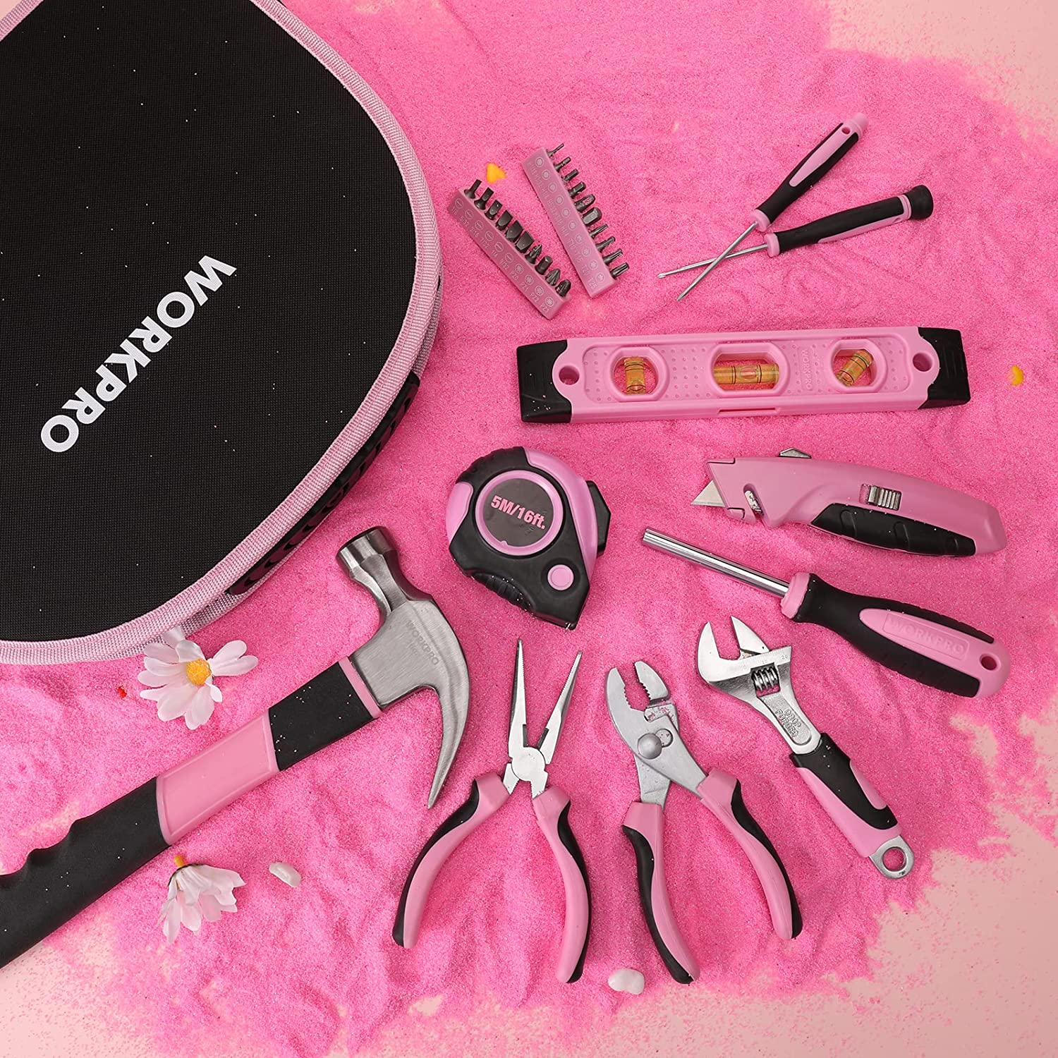 WORKPRO W009012A Pink Tool Kit - Hand Tool Set with Easy Carrying Round Pouch - Durable. Long Lasting Chrome Finish Tools - Perfect for DIY. Home Maintenance - Pink Ribbon