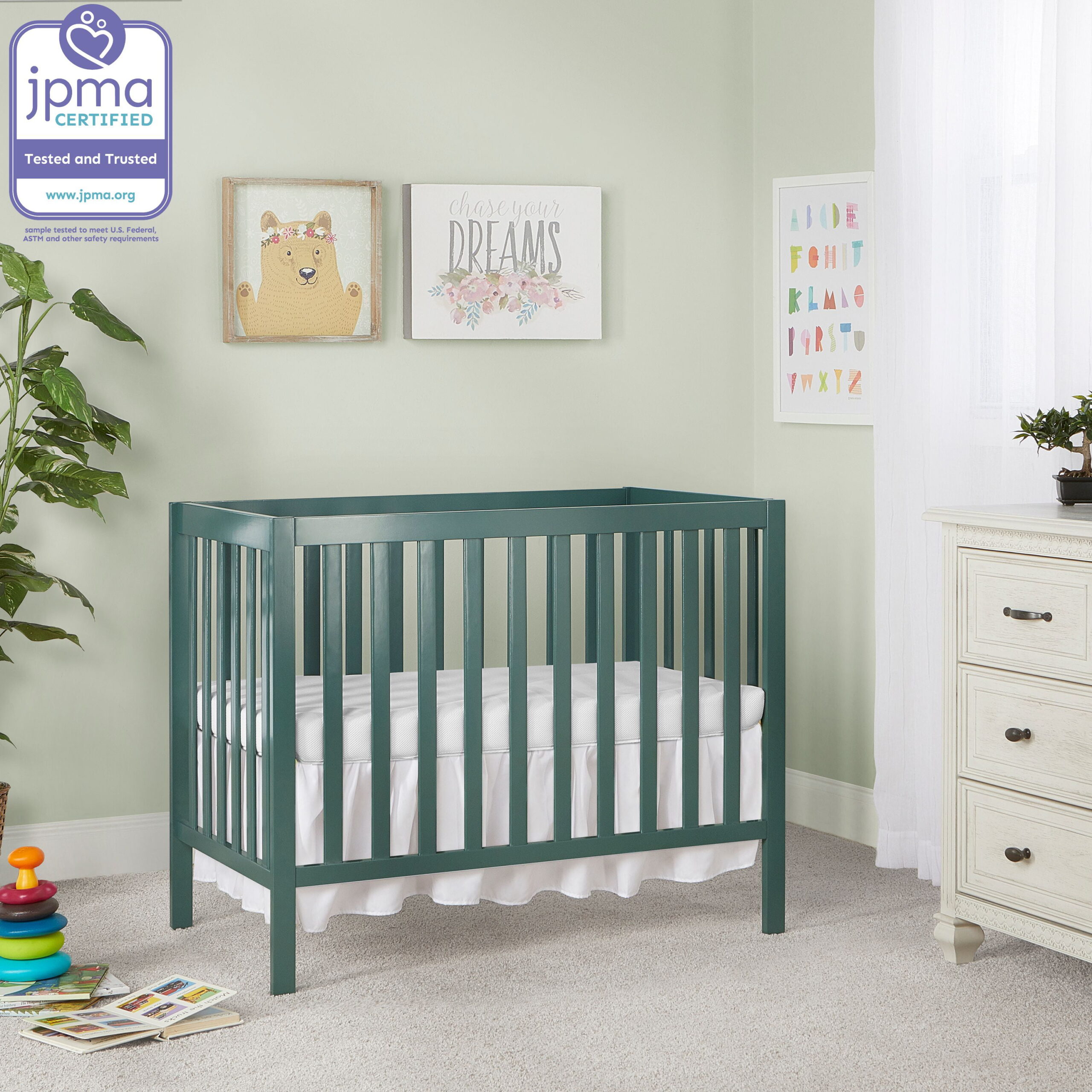 Dream On Me Edgewood 4-in-1 Convertible Mini Crib. Olive