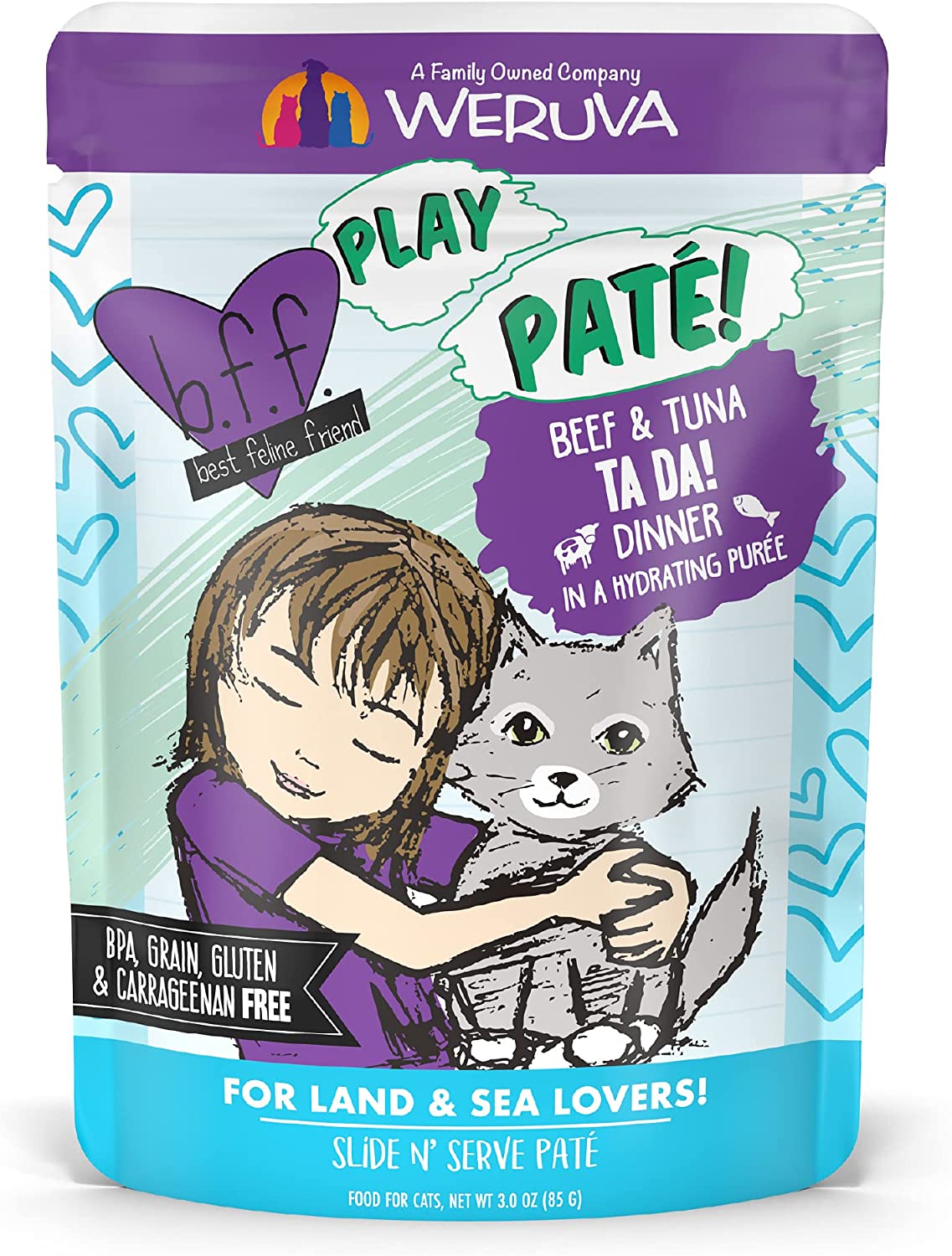 Weruva Wet Cat Food B.F.F. Play - Best Feline Friend Paté Lovers. Aw Yeah!. Beef & Tuna Ta Da! with Beef & Tuna. 3oz Pouch (Pack of 12)