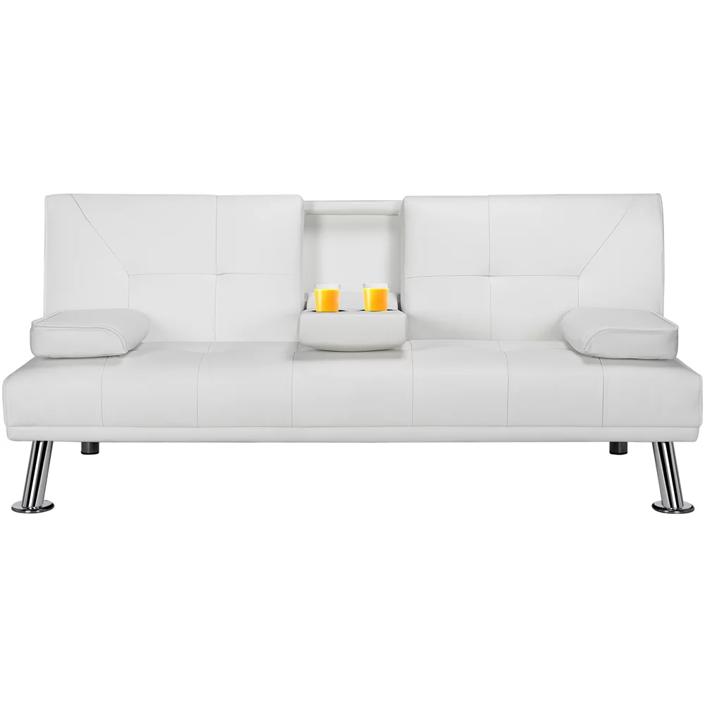 Easyfashion LuxuryGoods Modern Faux Leather Futon with Cupholders and Pillows. White