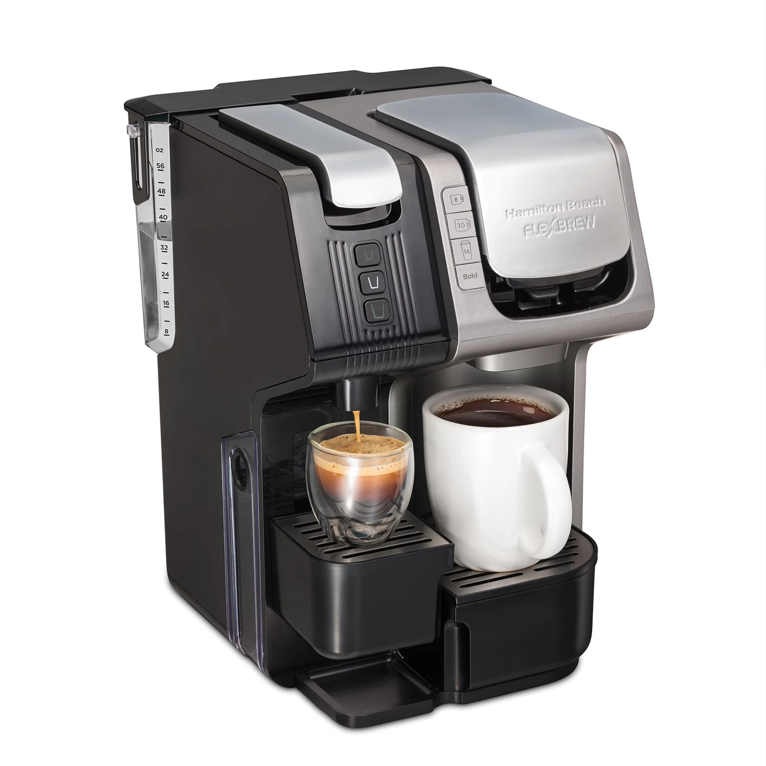 Hamilton Beach FlexBrew Trio 2-Way Coffee Maker. Compatible with K-Cup Pods or Grounds. Combo. Single Serve & Espresso Machine with 19 Bar Pump. 56 oz. Removable Reservoir. Black