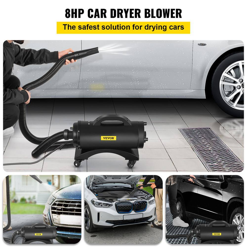 VEVOR WSQCCGJSDJMC8V3T2V1 Car Air Dryer Blower 8HP 320 CFM Car Water Drying Machine 5-20P with Casters 33 ft. Hose & 2 Air Jet Nozzle for Car Wash