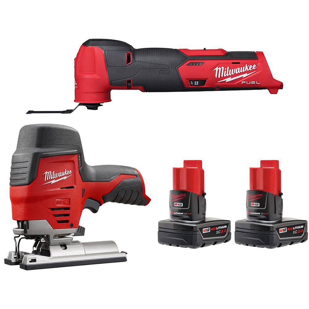 Milwaukee 2526-20-2445-20-48-11-2412 M12 FUEL 12V Lithium-Ion Cordless Oscillating Multi-Tool and Jig Saw with two 3.0 Ah Batteries