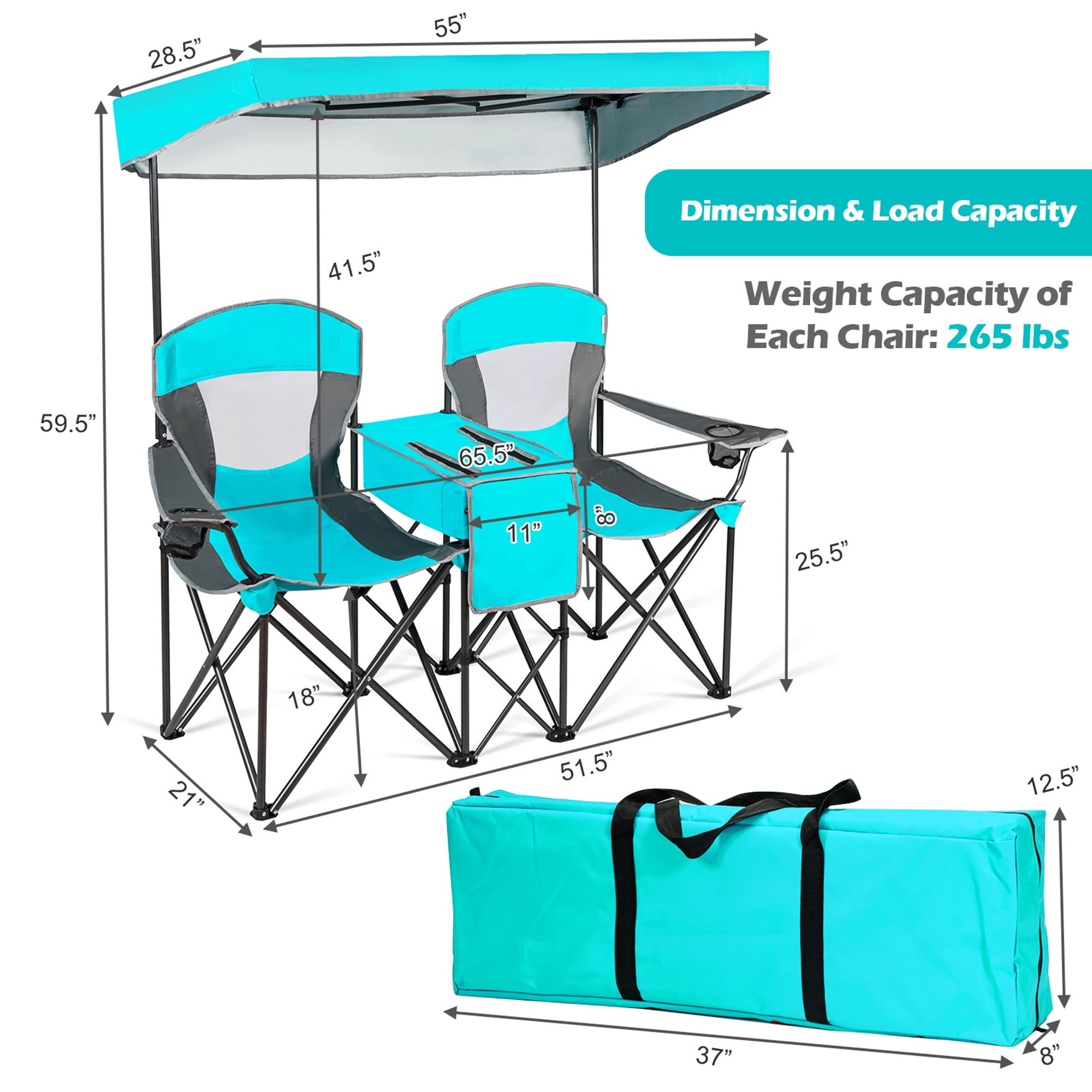 Gymax Folding 2-person Camping Chairs Double Sunshade Chairs w/ Canopy Turquoise. Adult