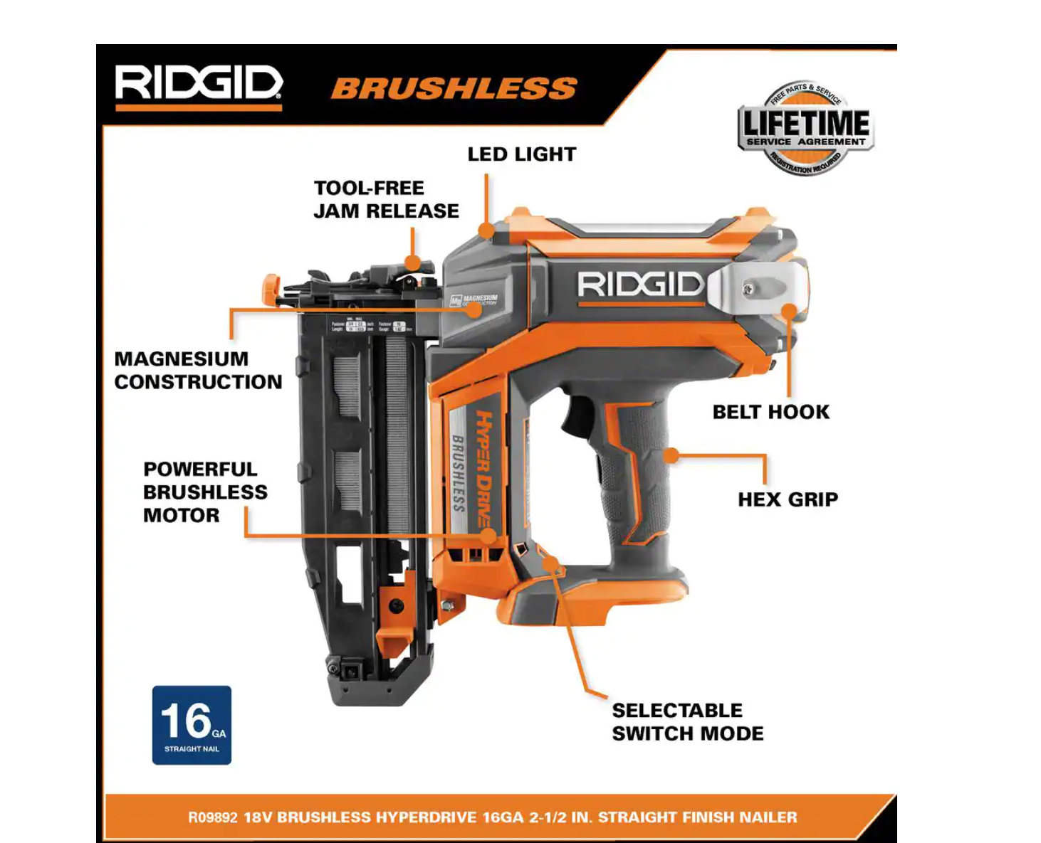 RIDGID R09892B 18V Brushless Cordless HYPERDRIVE 16-Gauge 2-1/2 in. Straight Finish Nailer(Tool Only). Belt Clip. Bag. Sample Nails