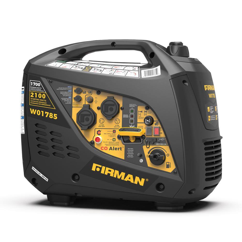 FIRMAN W01785 2.100/1.700-Watt Recoil Start Gas Powered Inverter Generator with. CO Alert. Built-In Parallel Capability and RV Adapter
