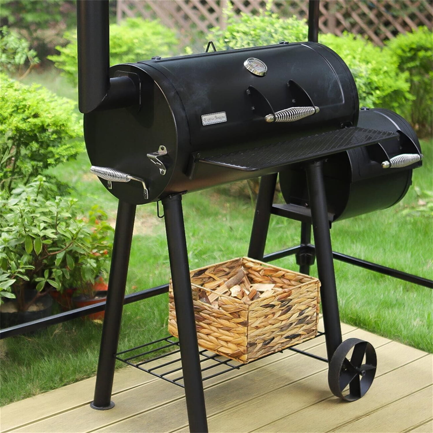 MF Studio 2-in-1 Heavy Duty Outdoor Charcoal Smoker Grill with Offset Smoking Box. Black