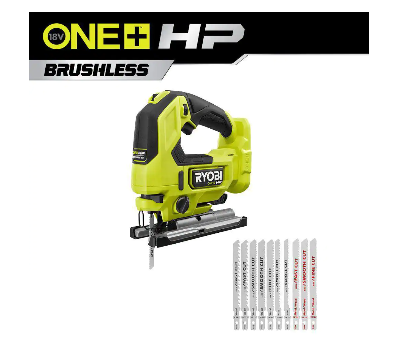 RYOBI PBLJS01B-A14AK101 ONE+ HP 18V Brushless Cordless Jig Saw (Tool Only) with All Purpose Jig Saw Blade Set (10-Piece)
