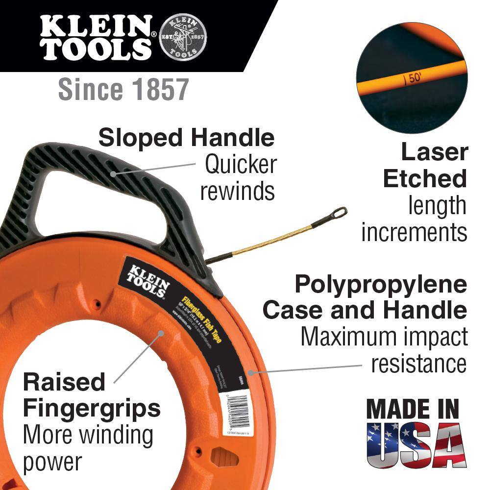 Klein Tools 56014 Fiberglass Fish Tape with Spiral Leader. 200-Foot