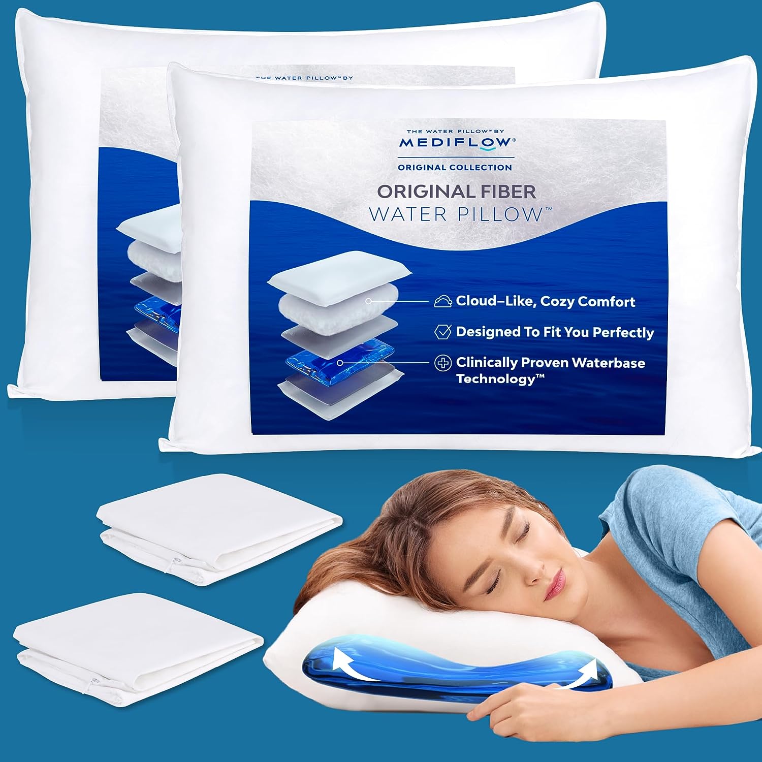 Mediflow Fiber Water Pillow - Adjustable Pillow for Neck Pain Relief. Pillow for Side. Back. and Stomach Sleepers. The Original Inventor of The Water Pillow (2 Pillows. 2 Pillow Protectors)
