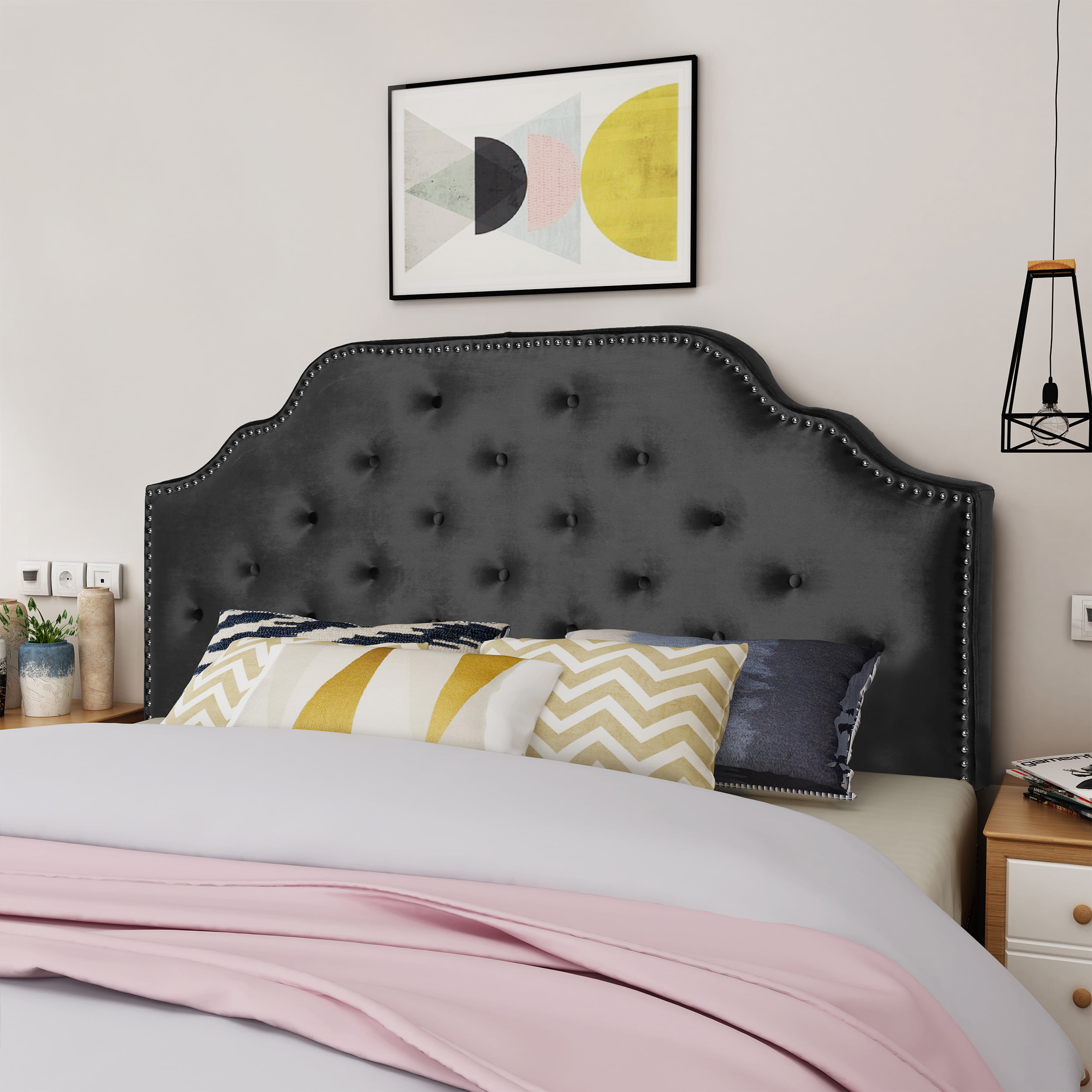 Noble House Miller Velvet Queen/Full Headboard. Black