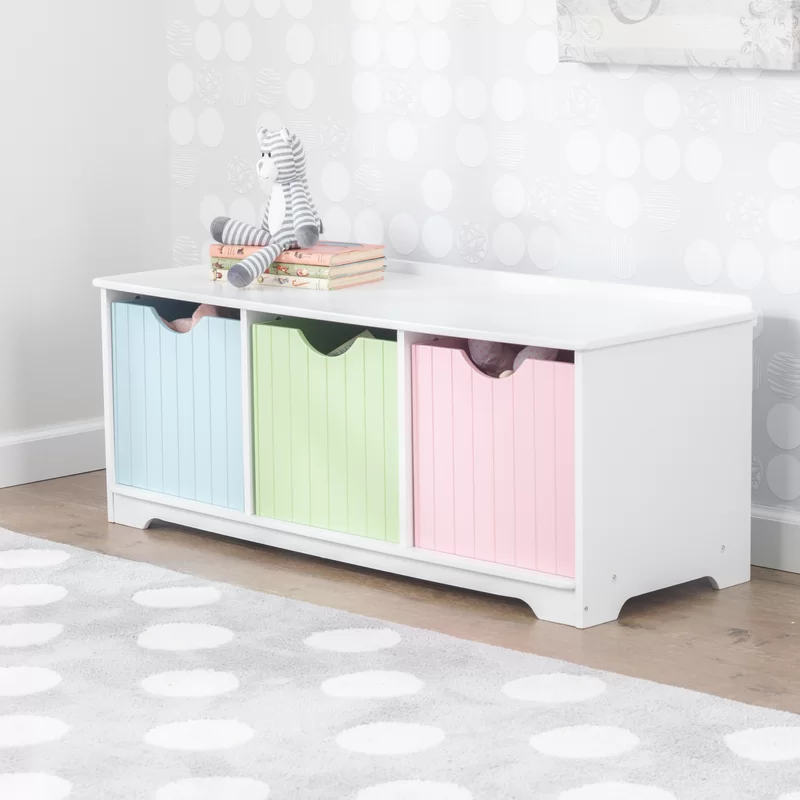 KidKraft Nantucket Wooden Storage Bench with Three Bins and Wainscoting Detail - Pastel. Gift for Ages 3+