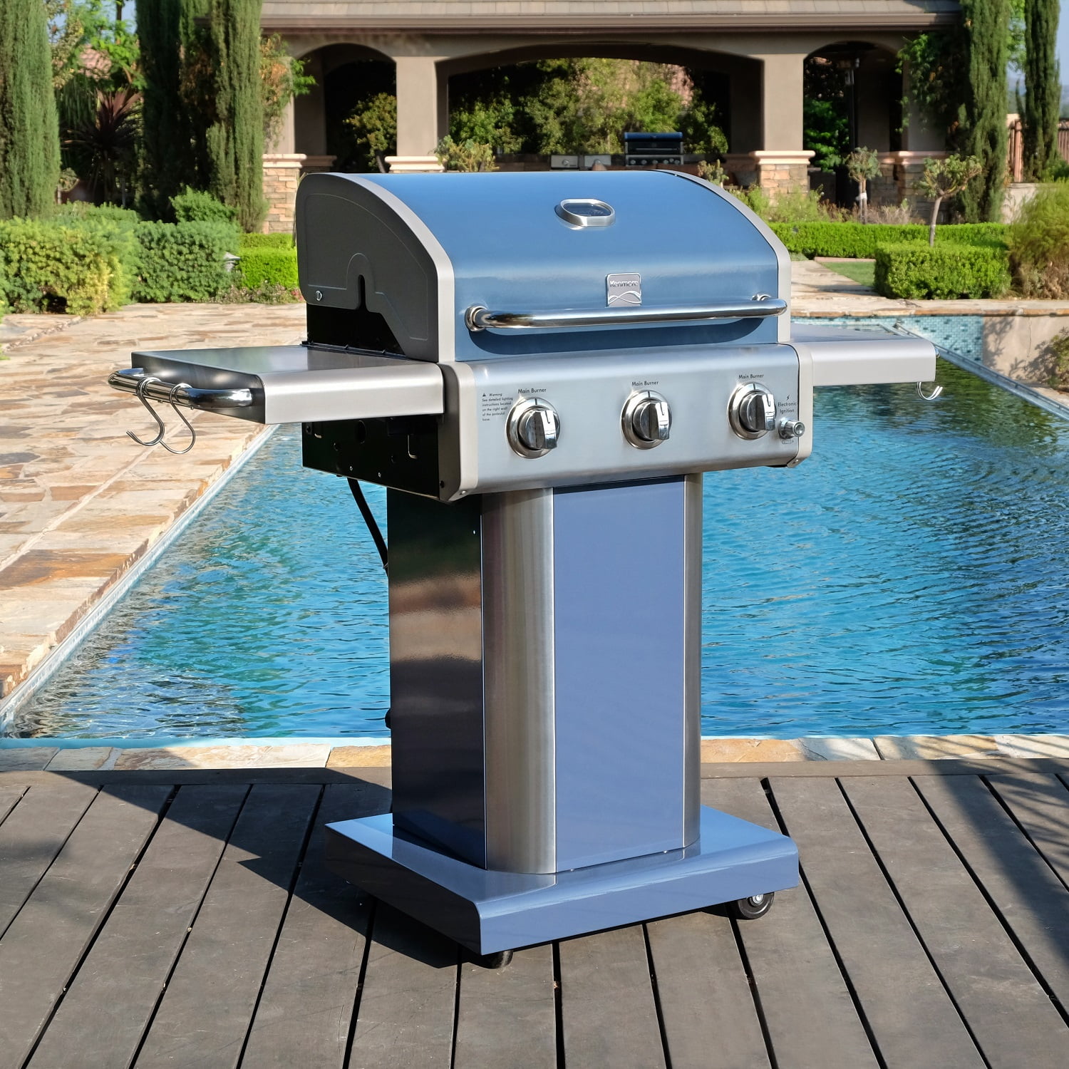 Kenmore 3-Burner Outdoor BBQ Propane Gas Grill with Foldable Sides. Azure Blue