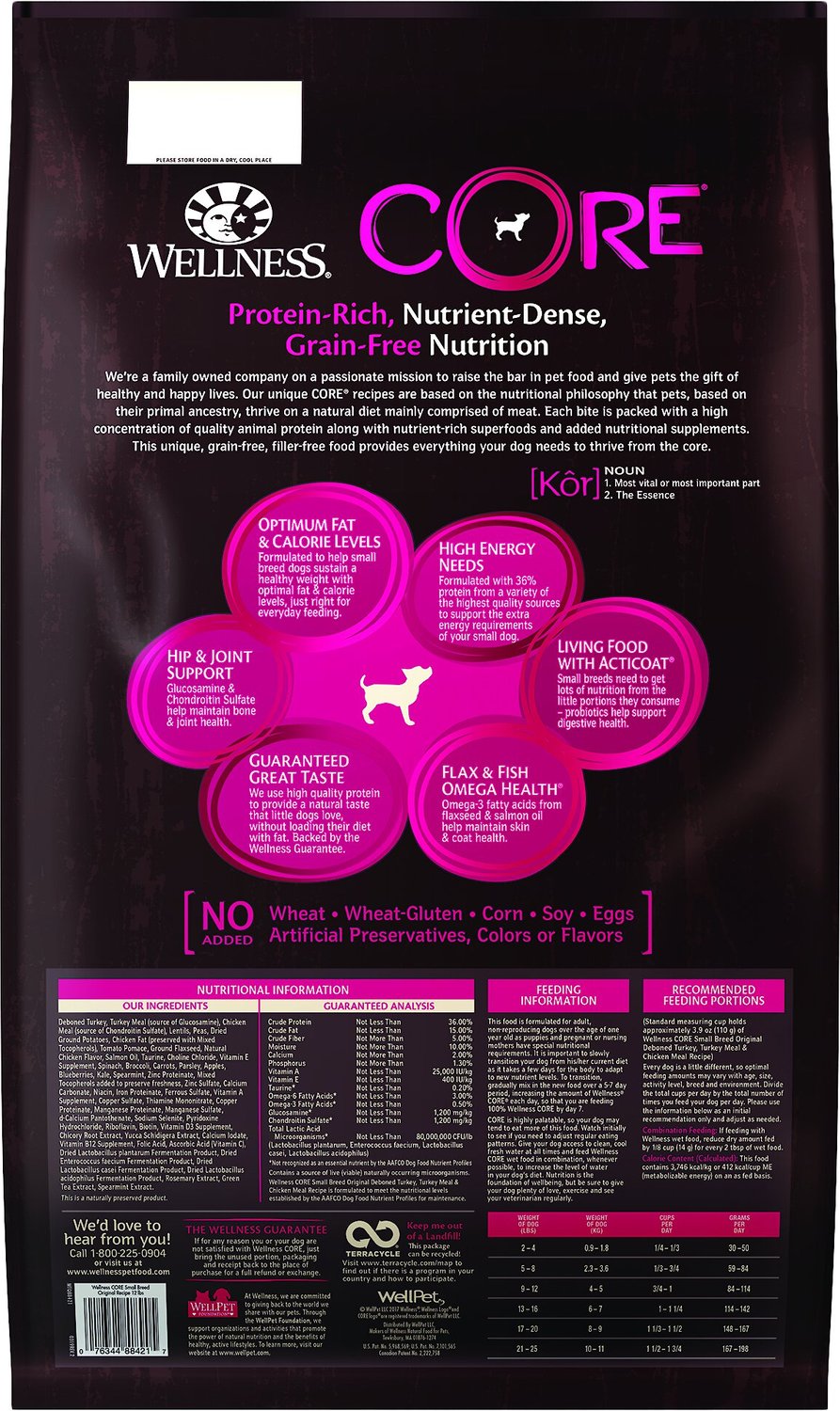 Wellness CORE Grain-Free Small Breed Turkey & Chicken Recipe Dry Dog Food. 12-lb bag + Wellness CORE Bowl Boosters Bare Turkey Freeze-Dried Dog Food Mixer or Topper. 4-oz bag