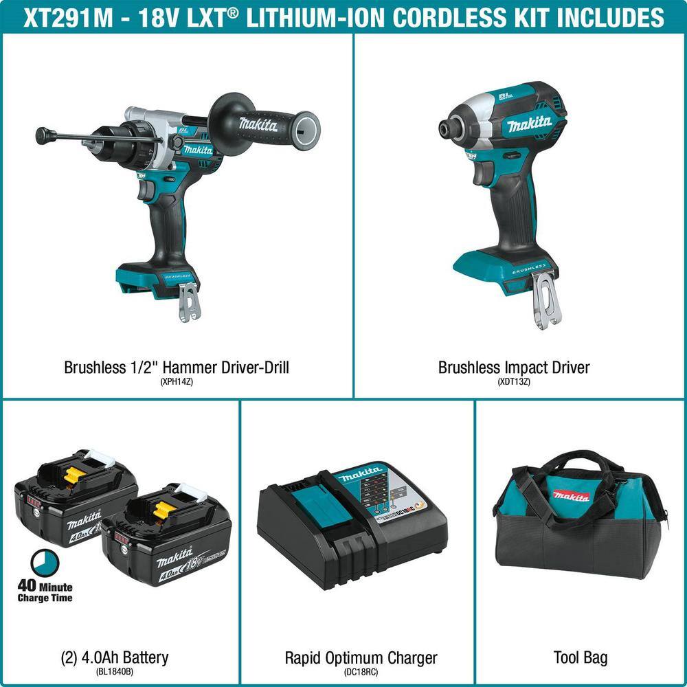 Makita XT291M 18V LXT Lithium-Ion Brushless Cordless 2-Piece Combo Kit (Hammer Drill/Impact Driver) 4.0Ah