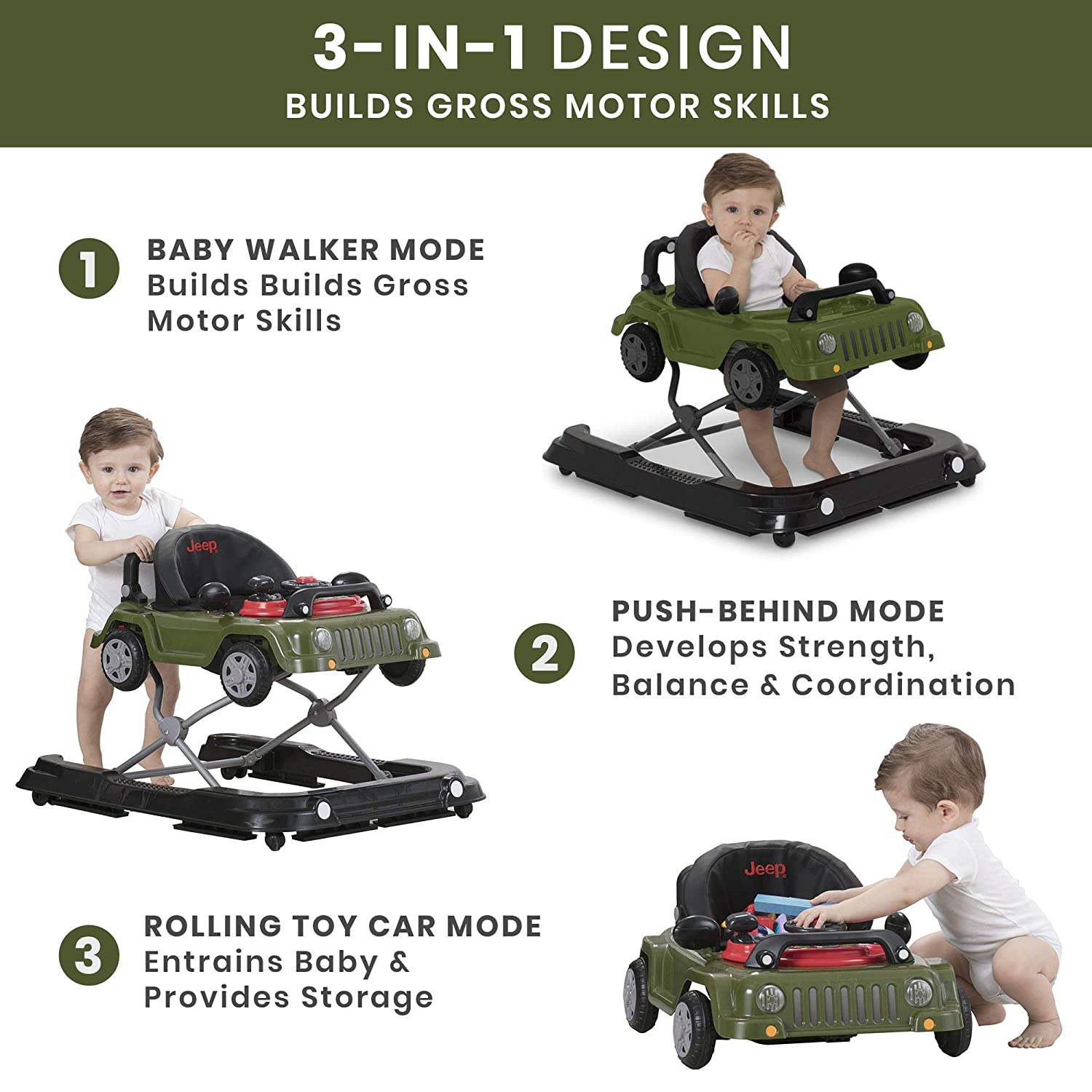 Delta Children Jeep Classic Wrangler 3-in-1 Grow With Me Activity Walker - Features Music. Lights. Removable Play Tray. Push Walker Mode. Converts into Rolling Car Toy. Anniversary Green
