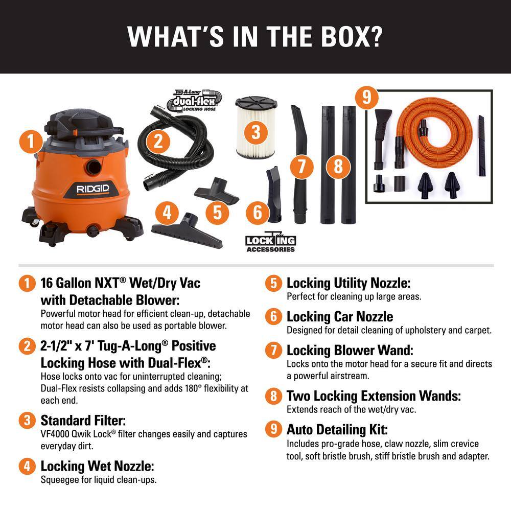 RIDGID HD1600C 16 Gallon 6.5 Peak HP NXT Wet/Dry Shop Vacuum with Detachable Blower. Filter. Hose. Accessories and Car Cleaning Kit
