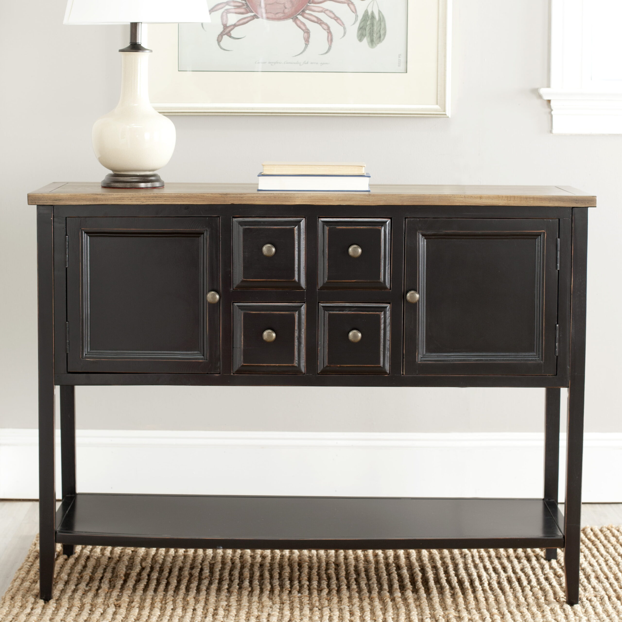 Safavieh Charlotte Rustic Storage Sideboard w/ 2 Cabinets & 4 Drawers. Black/Oak