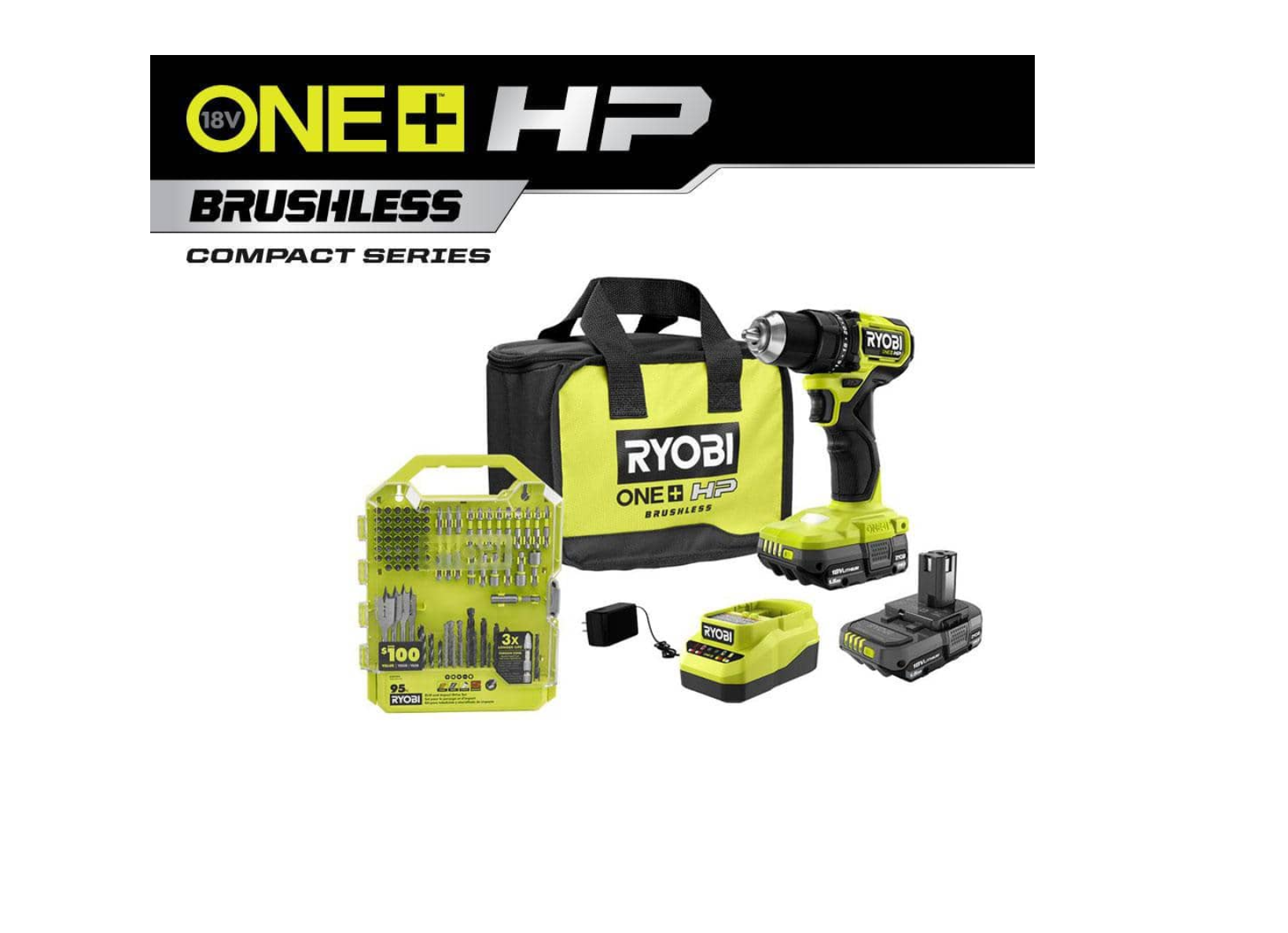 RYOBI PSBDD01K-A989504 ONE+ HP 18V Brushless Cordless Compact 1/2 in. Drill/Driver Kit with (2) 1.5 Ah Batteries. Charger. Bag. & 95PC Bit Set