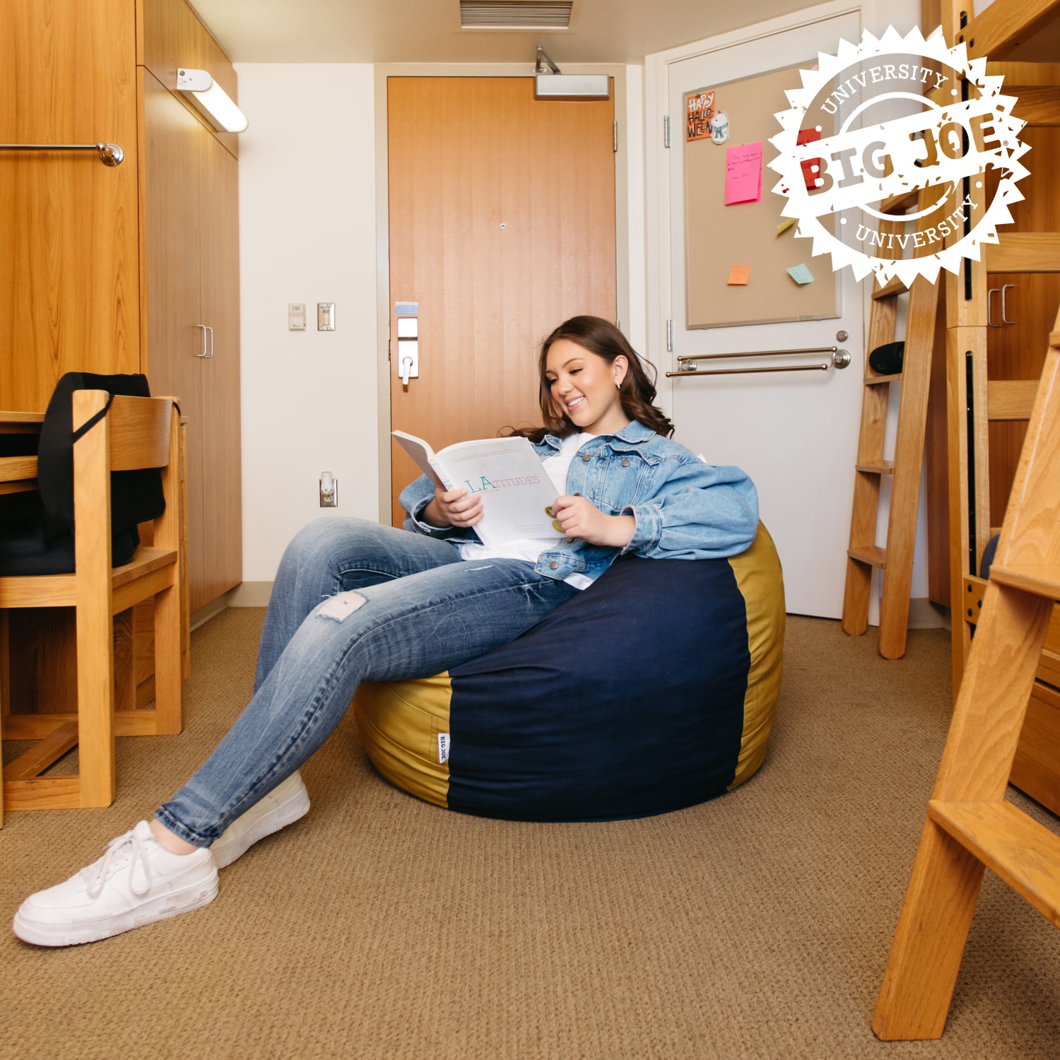 Big Joe Fuf Medium Foam Filled Bean Bag Chair. Kids and Teens. Blue/Gold Lenox. 3ft Big