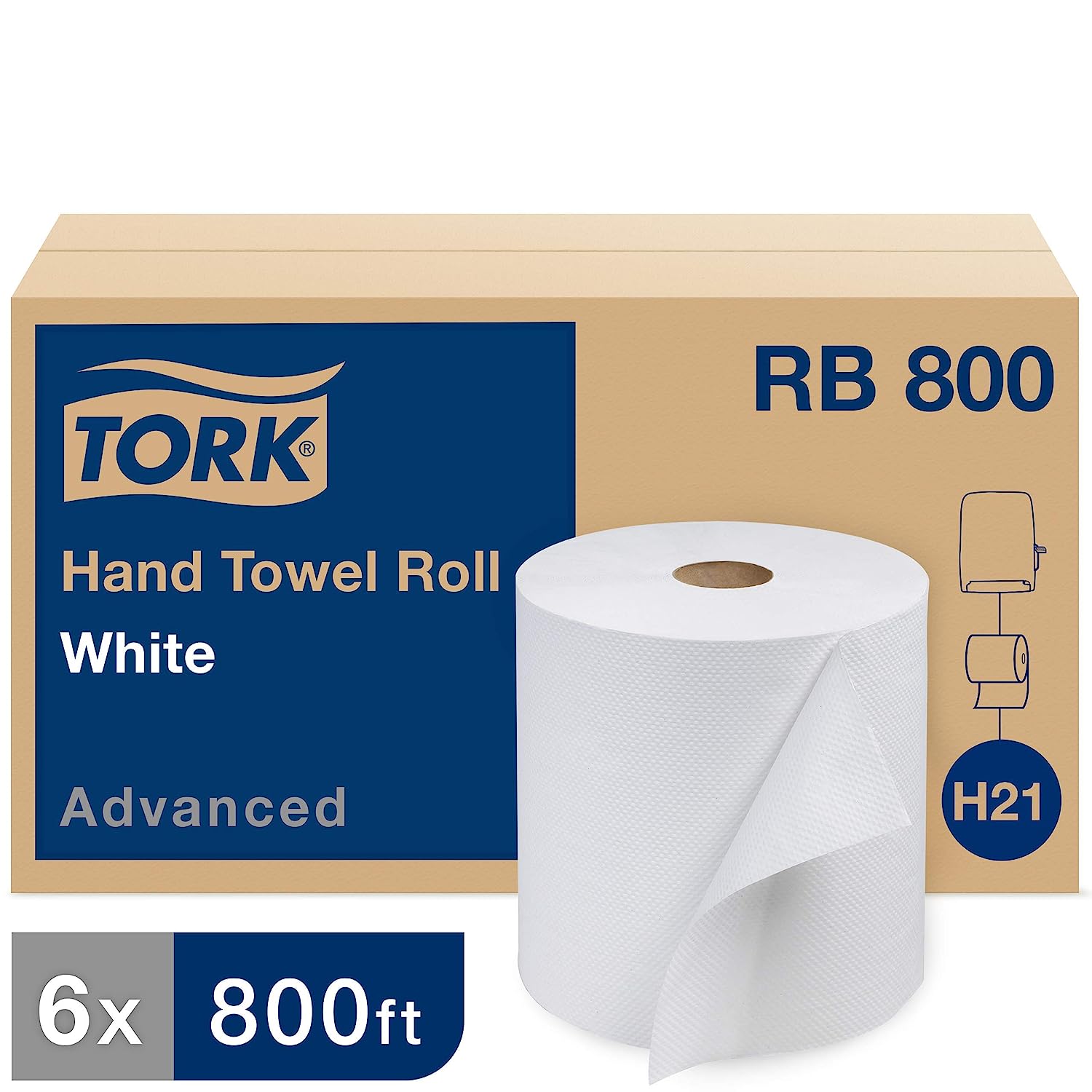 Tork Hand Towel Roll. White. Advanced. H21. Soft. Disposable. 100% Recycled. Absorbent. 1-Ply. 12 x 800 ft. RB800