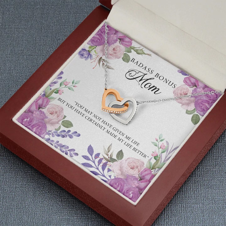 Badass Bonus Mom – Interlocking Hearts Necklace. Mother's Day Gifts