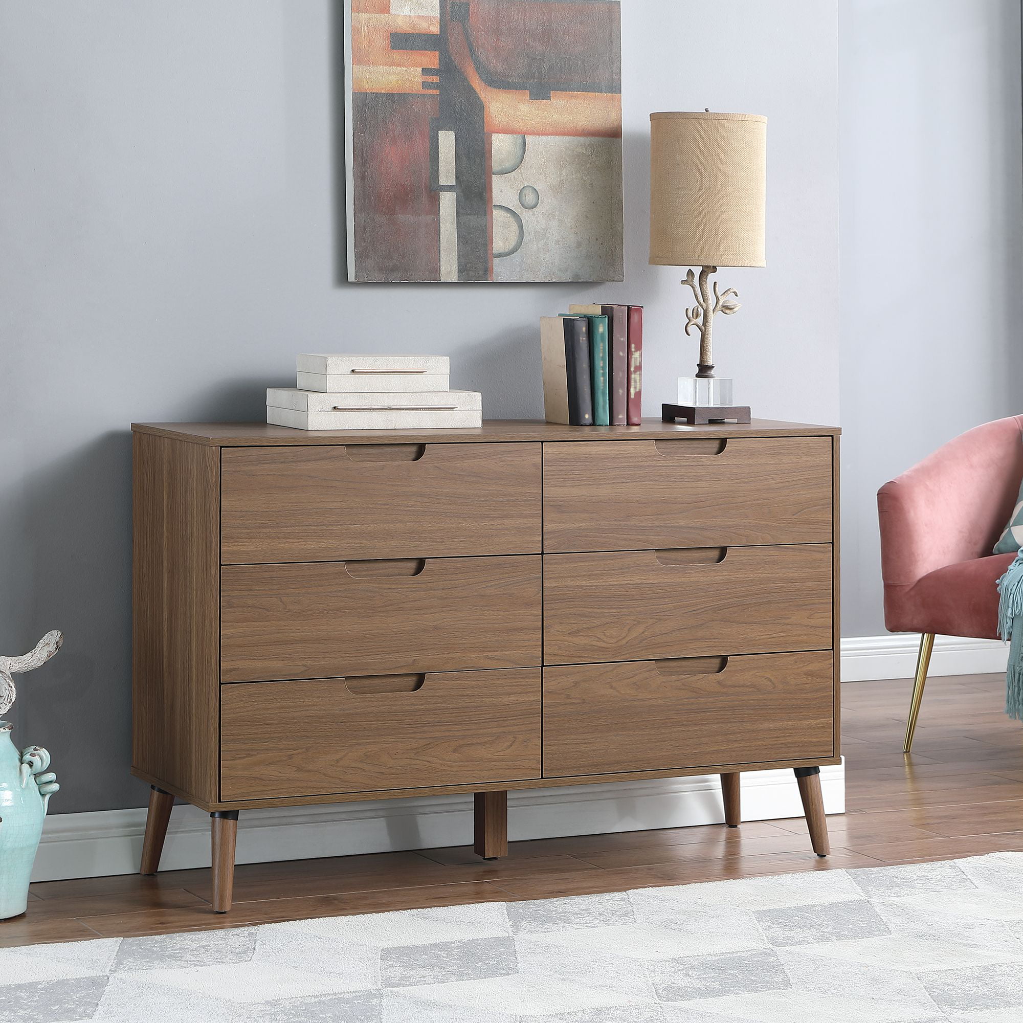 Mainstays Modern 6 Drawer Dresser. Bedroom. Brown Walnut