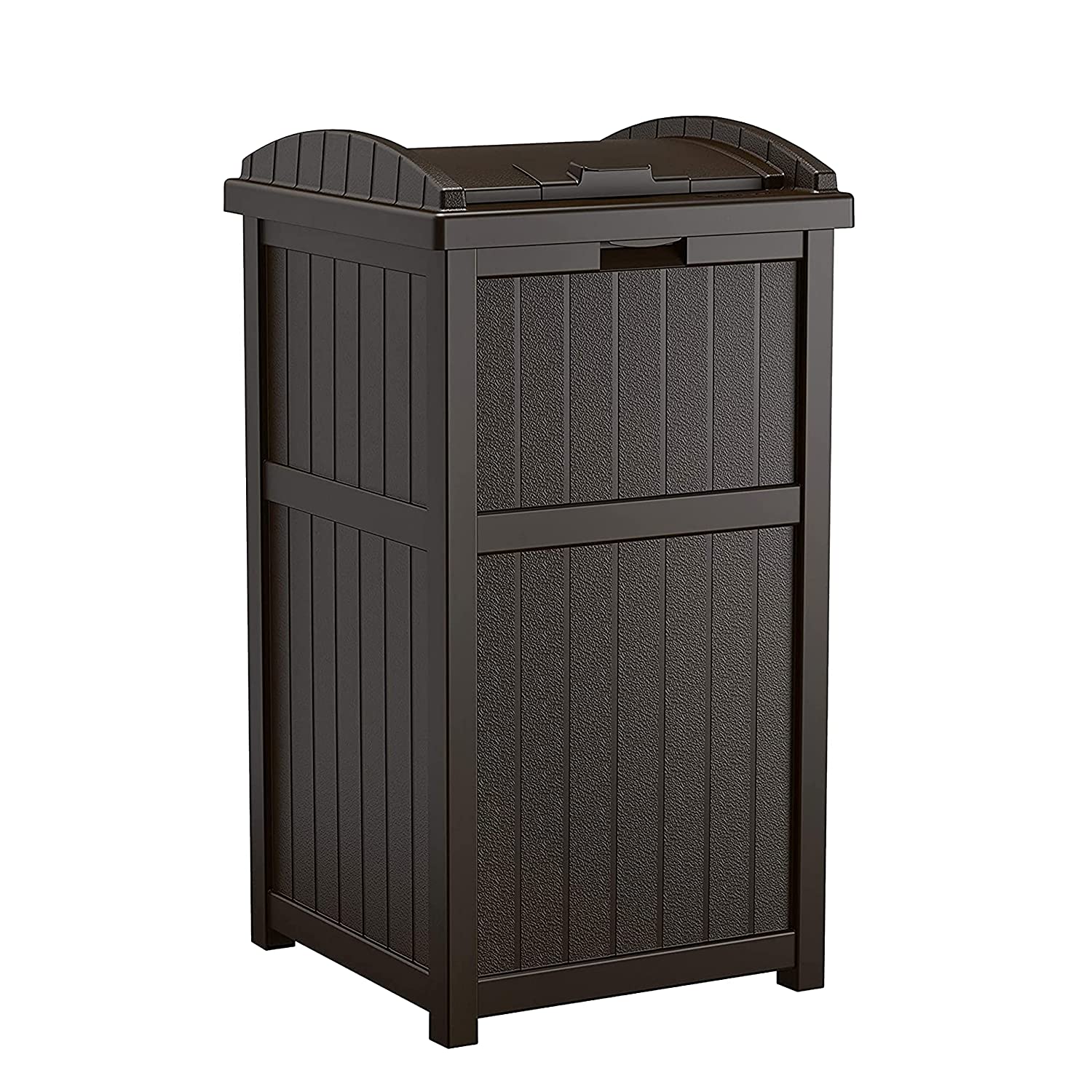 Suncast 33 Gallon Can Resin Outdoor Trash Hideaway with Lid Use in Backyard. Deck. or Patio. Brown