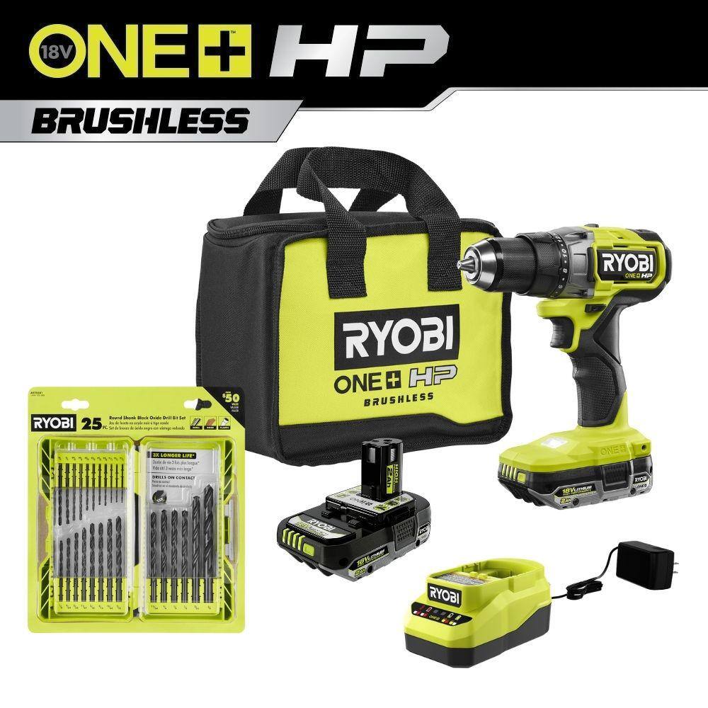RYOBI PBLDD01K-A972501 ONE+ HP 18V Brushless Cordless 1/2 in. Drill/Driver Kit w/ (2) Batteries. Charger. & 25-Piece Black Oxide Drill Bit Set