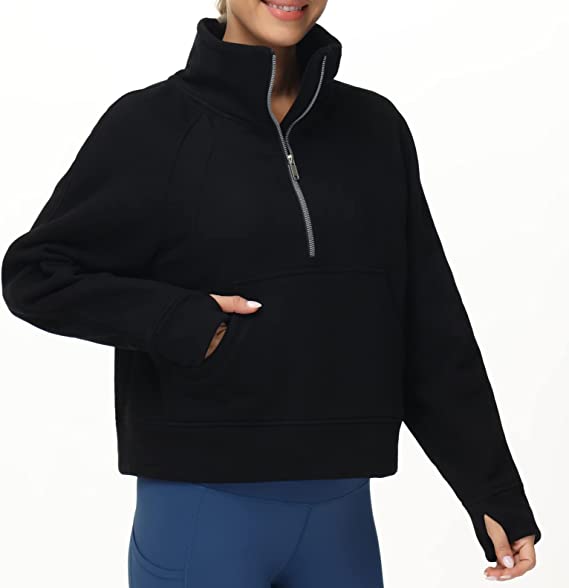 Women's Half Zip Pullover Sweatshirt Fleece Stand Collar Crop Sweatshirt with Pockets Thumb Hole. Black
