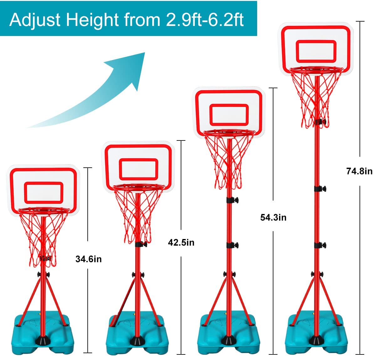 Tsomtto Kids Basketball Hoop Adjustable Height 2.9 ft-6.2 ft Toddler Toys Basketball Hoops Indoor Outdoor Play Mini Portable Basketball Goals Outside Toys Backyard Games for Boys Girls Age 3 4 5 6 7 8 Gifts