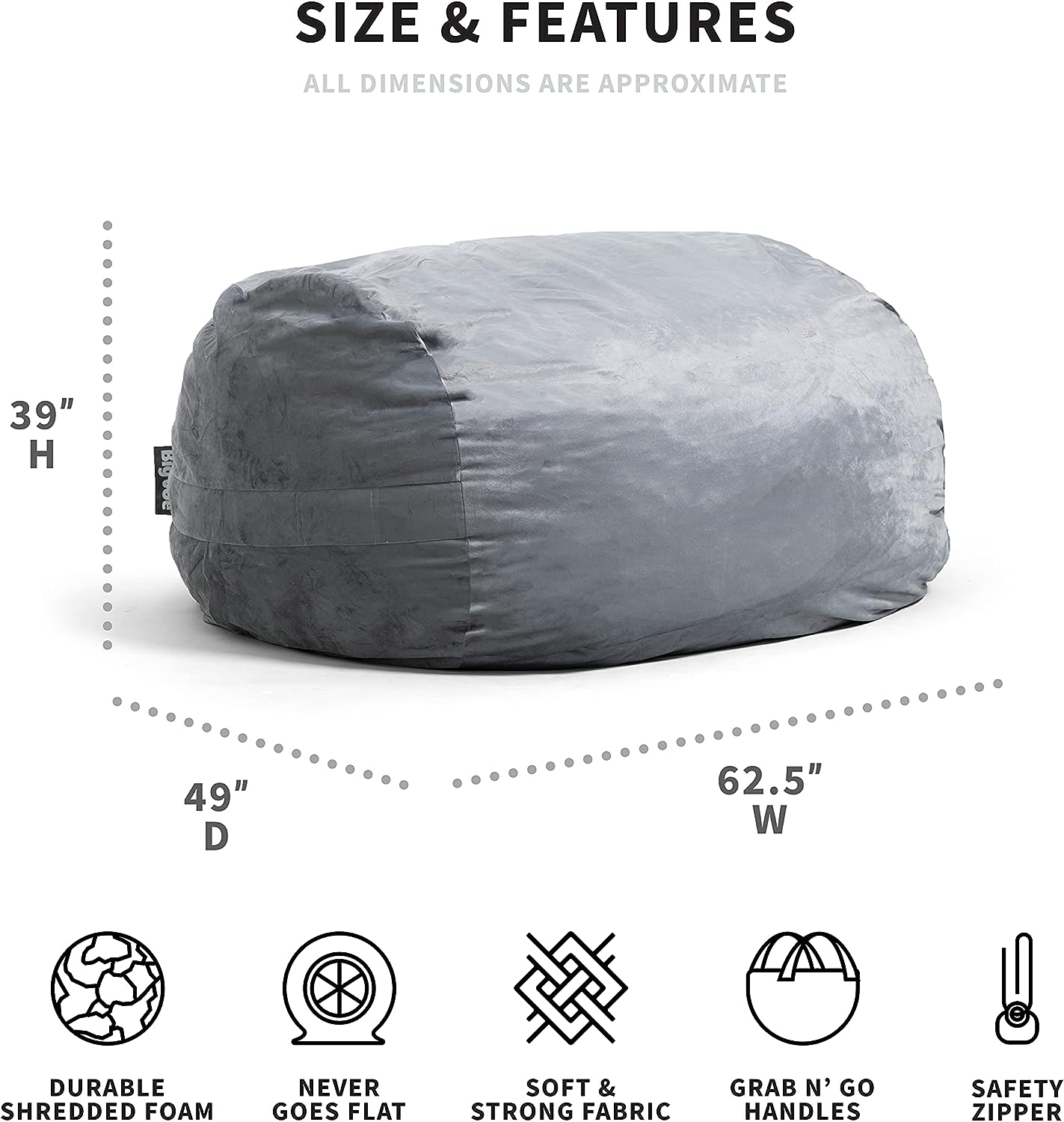 Big Joe Fuf XL Foam Filled Bean Bag Chair with Removable Cover. Gray Plush. Soft Polyester. 5 feet Giant