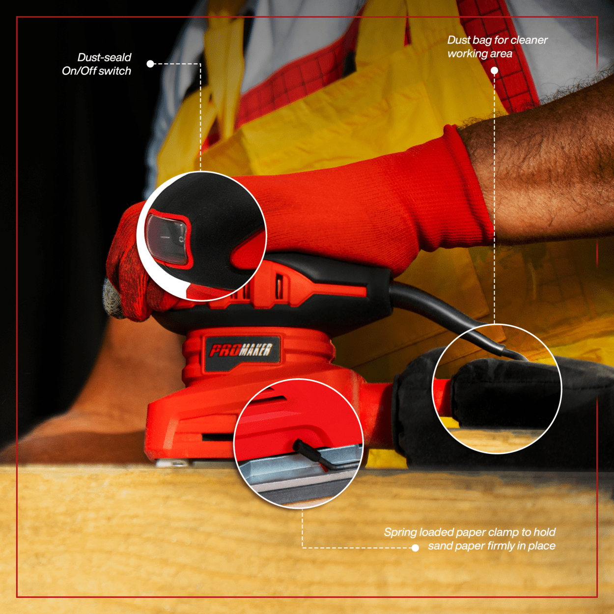 PROMAKER Palm Sander. 1/4 Sander with 1 pcs Sandpaper. 1.5 AMP. Hand sander with Dust Bag. 3000 OPM. Electric Sander for Woodworking. 180W. PRO-LO180