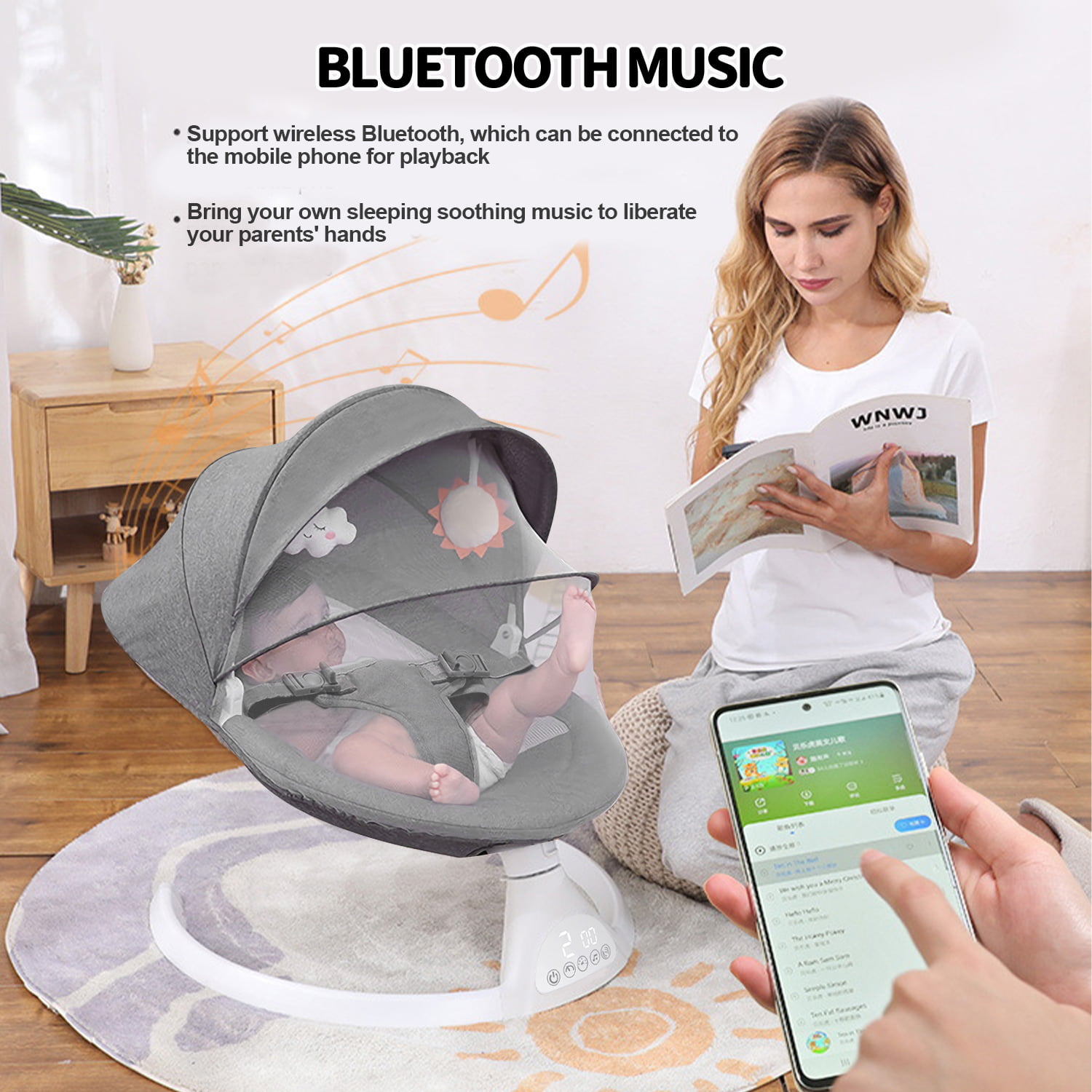 Baby Swing for Infants. Bluetooth Swing Electirc Baby Rocker Bouncer. Intelligent Auto-Sensing Swing with 5 Speed