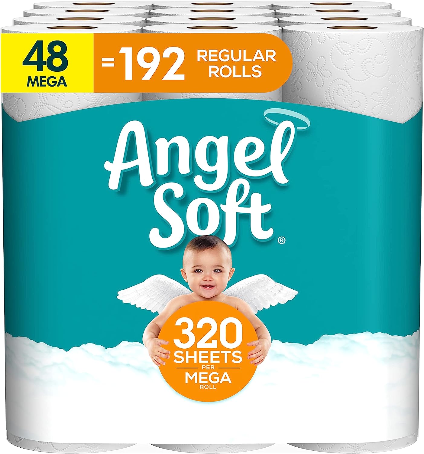 Angel Soft Toilet Paper. 48 Mega Rolls = 192 Regular Rolls. 2-Ply Bath Tissue