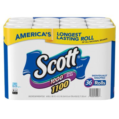 Scott 1100 Unscented Bath Tissue. 1-ply (36 Rolls = 1100 Sheets Per Roll) - Individually Wrapped Toilet Paper