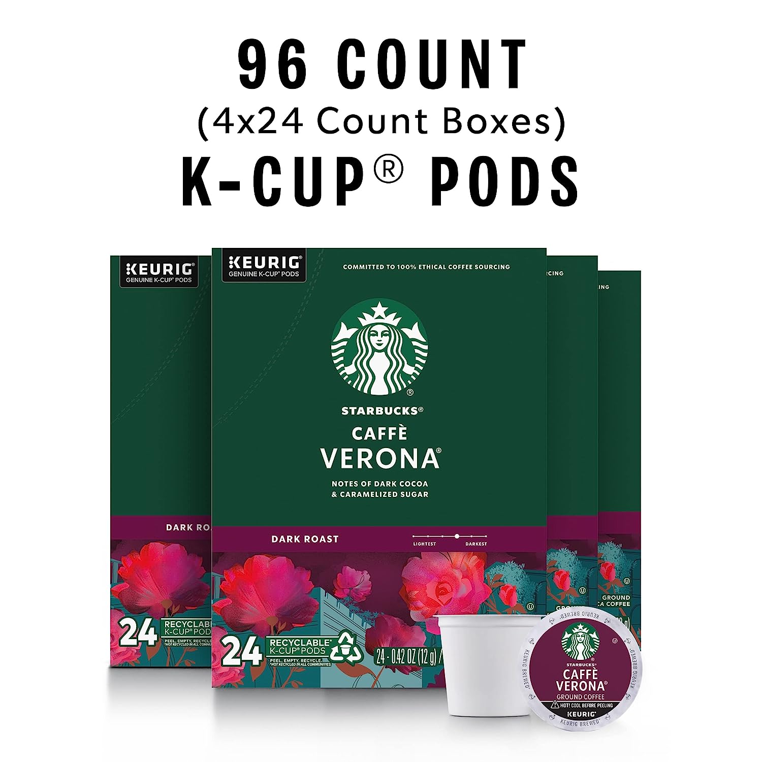 Starbucks K-Cup Coffee Pods—Dark Roast Coffee—Caffè Verona for Keurig Brewers—100% Arabica—4 boxes (96 pods total)