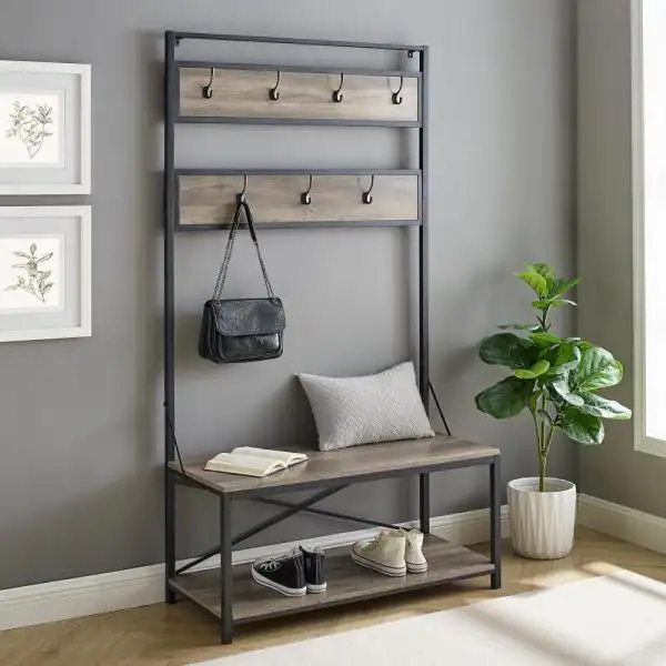 Walker Edison Furniture Company 72 in. Grey Wash Industrial Metal and Wood Hall Tree