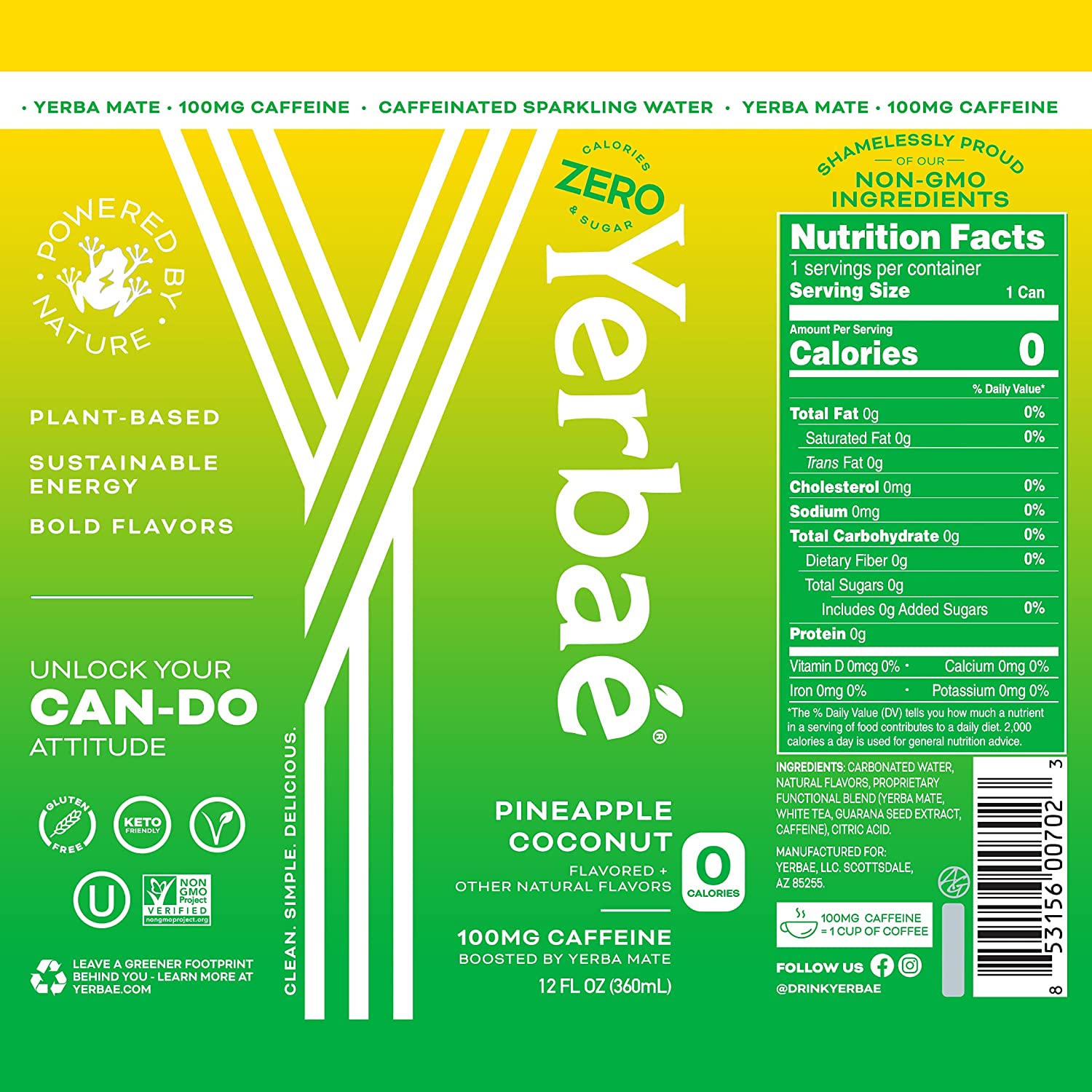 Yerbae Sparkling Water – Pineapple Coconut Fruit Flavored Seltzer. Energy Drink – 12 Pack