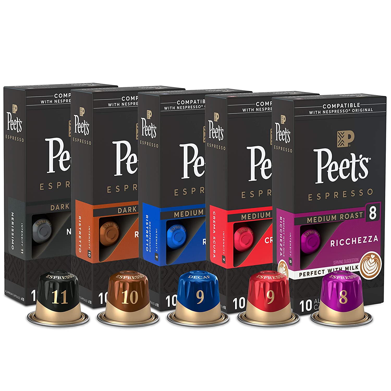Peet-s Coffee Espresso Capsules Variety Pack. 50 Count Single Cup Coffee Pods. Compatible with Nespresso Original Brewers. Crema Scura. Decaffeinato Ristretto. Nerissimo. Ricchezza. Ristretto