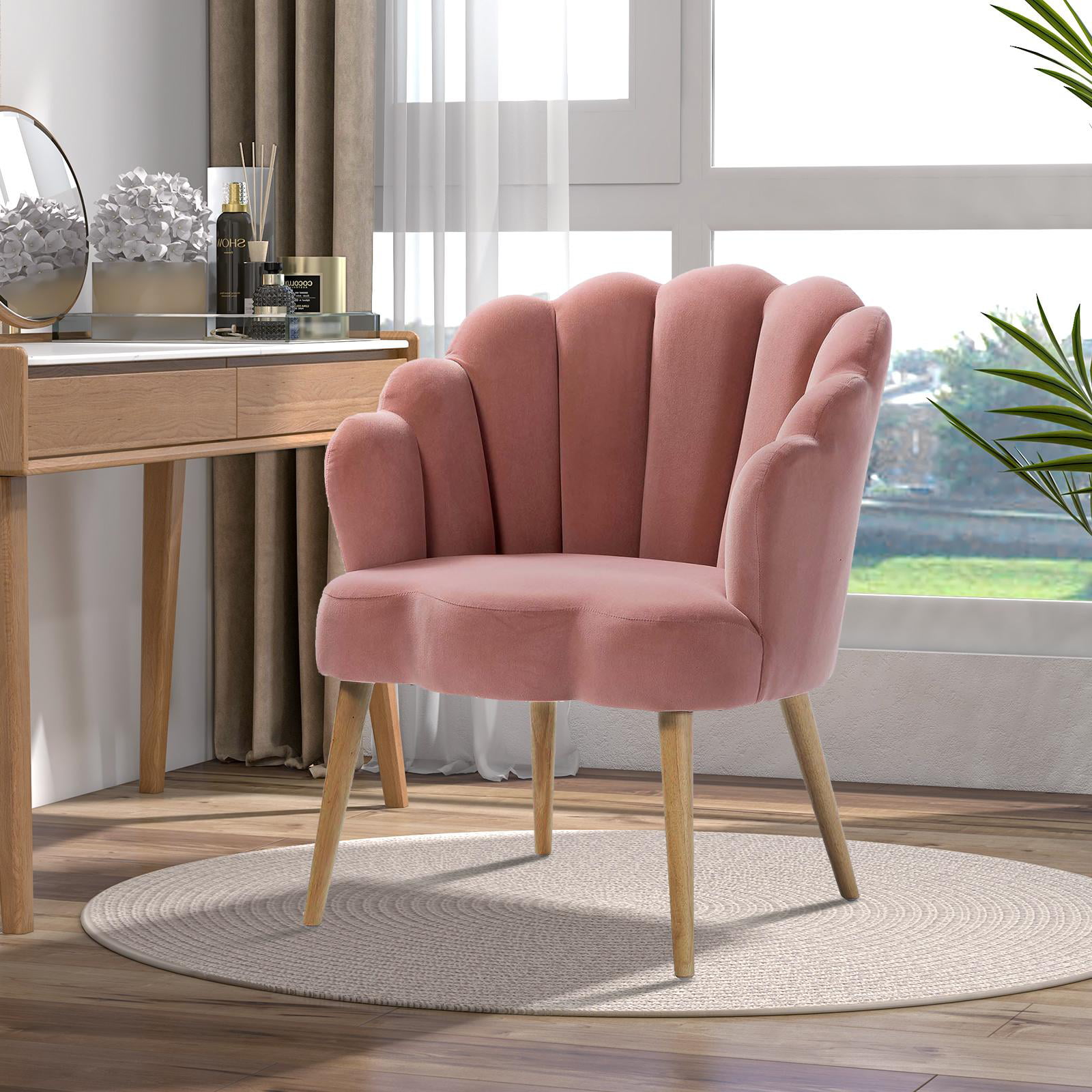 14 Karat Home Floral Scalloped Velvet Bucket Armchair. Modern Accent Chair with Tufted Back for Living Room. Pink