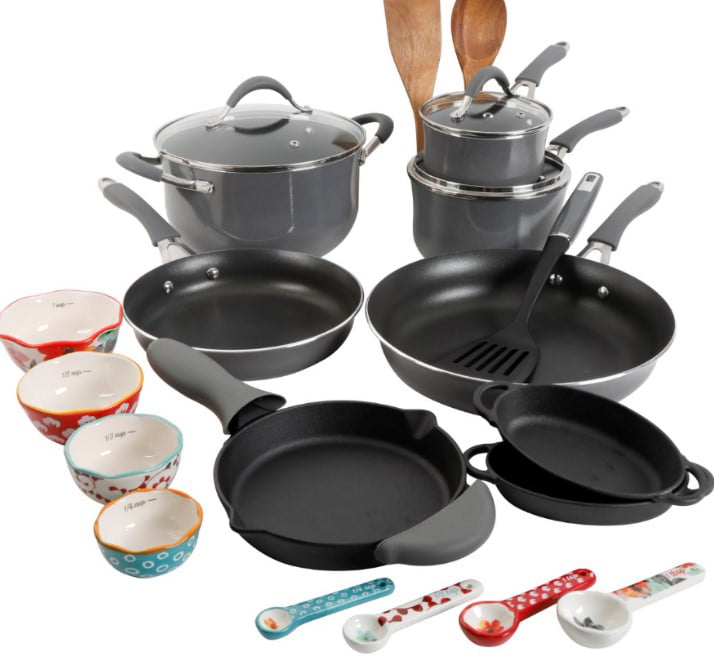 The Pioneer Woman Frontier Speckle Gray 24-Piece Aluminum Cookware Combo Set
